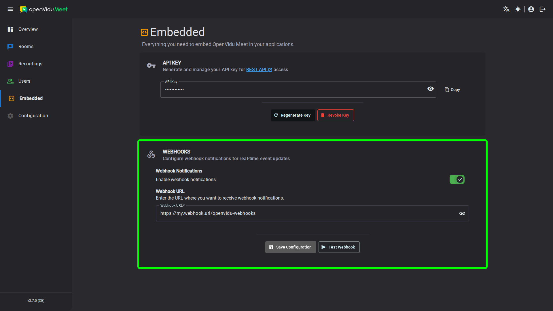Webhook configuration form in the OpenVidu Meet console