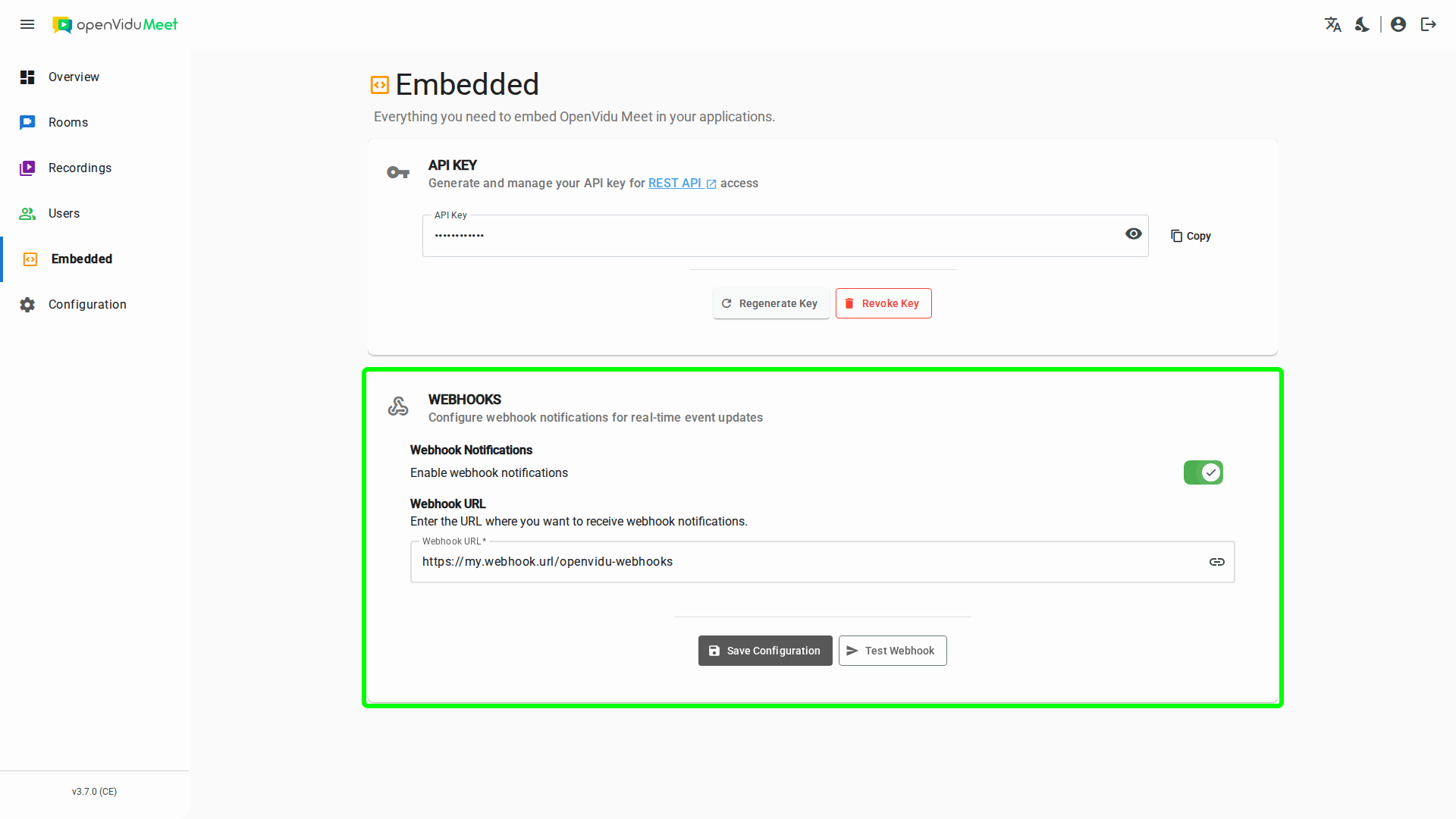 Webhook configuration form in the OpenVidu Meet console