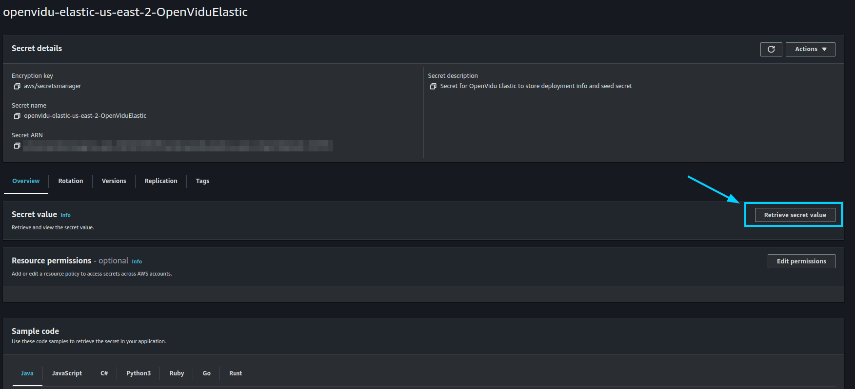 AWS Secrets Manager console with the Retrieve secret value button