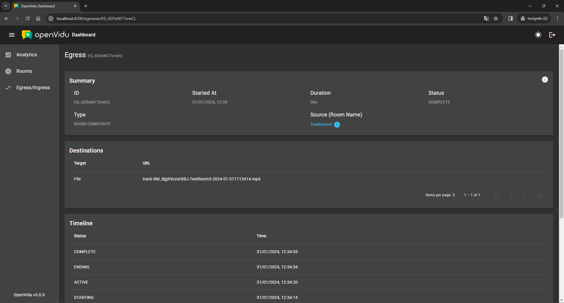 Egress details page with duration, status and type