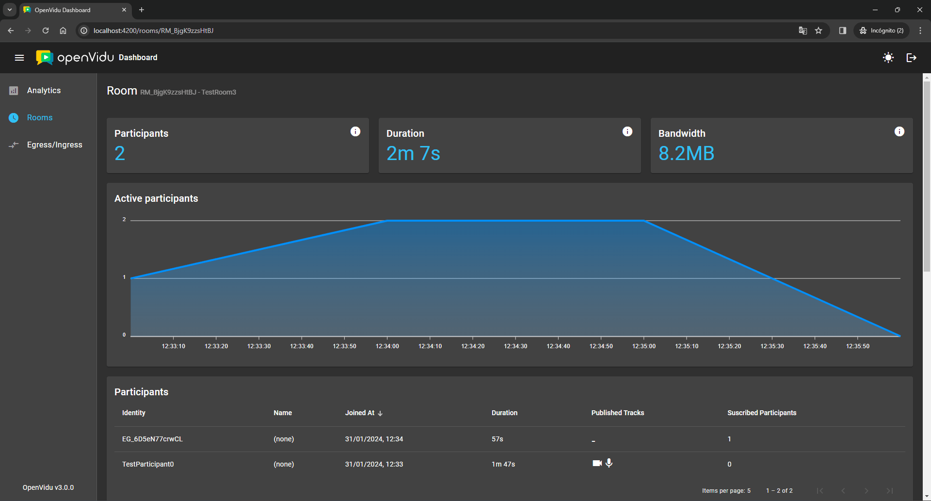 Room details page with duration, bandwidth and participants