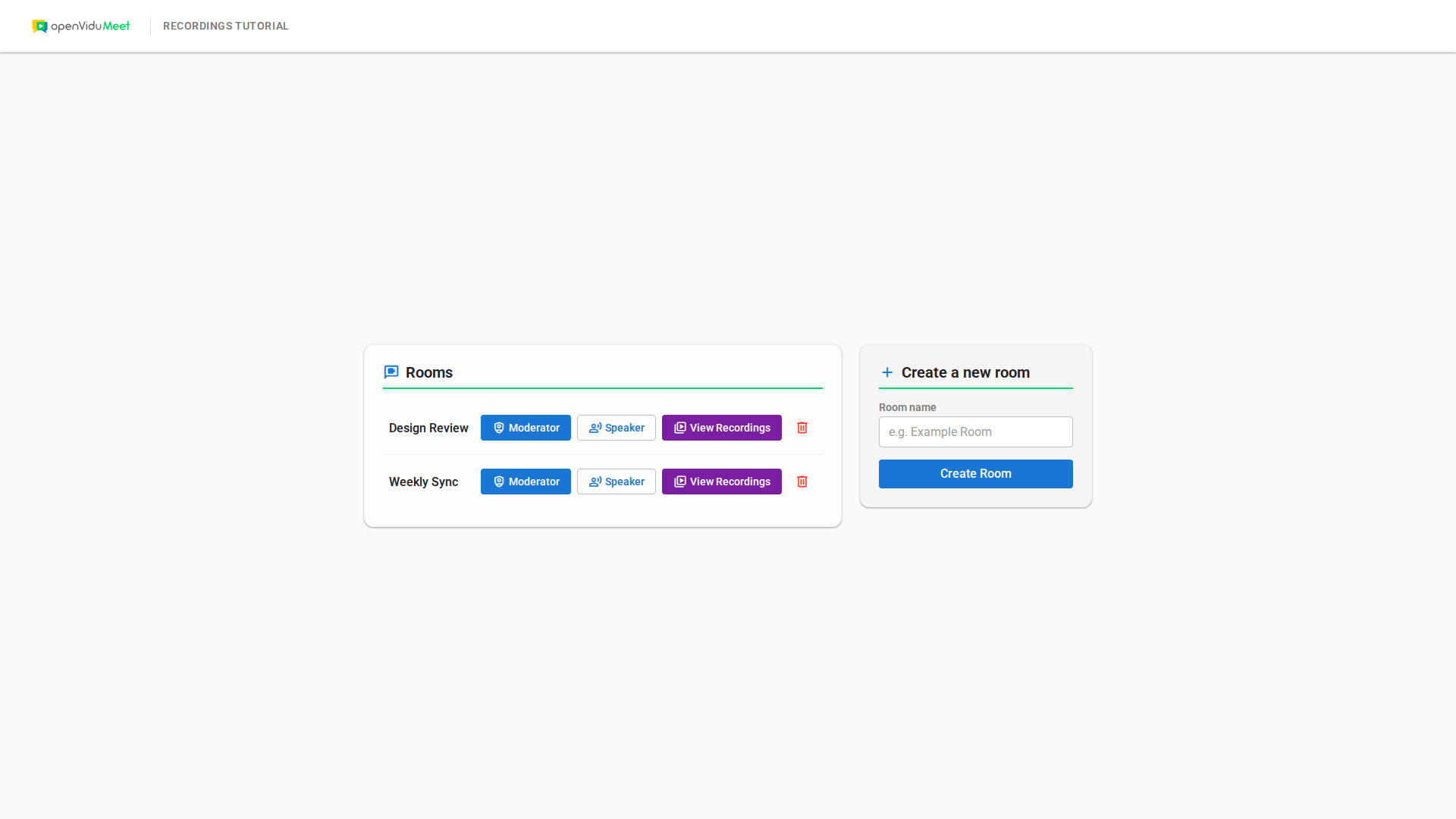 Home page of the tutorial app with the list of rooms