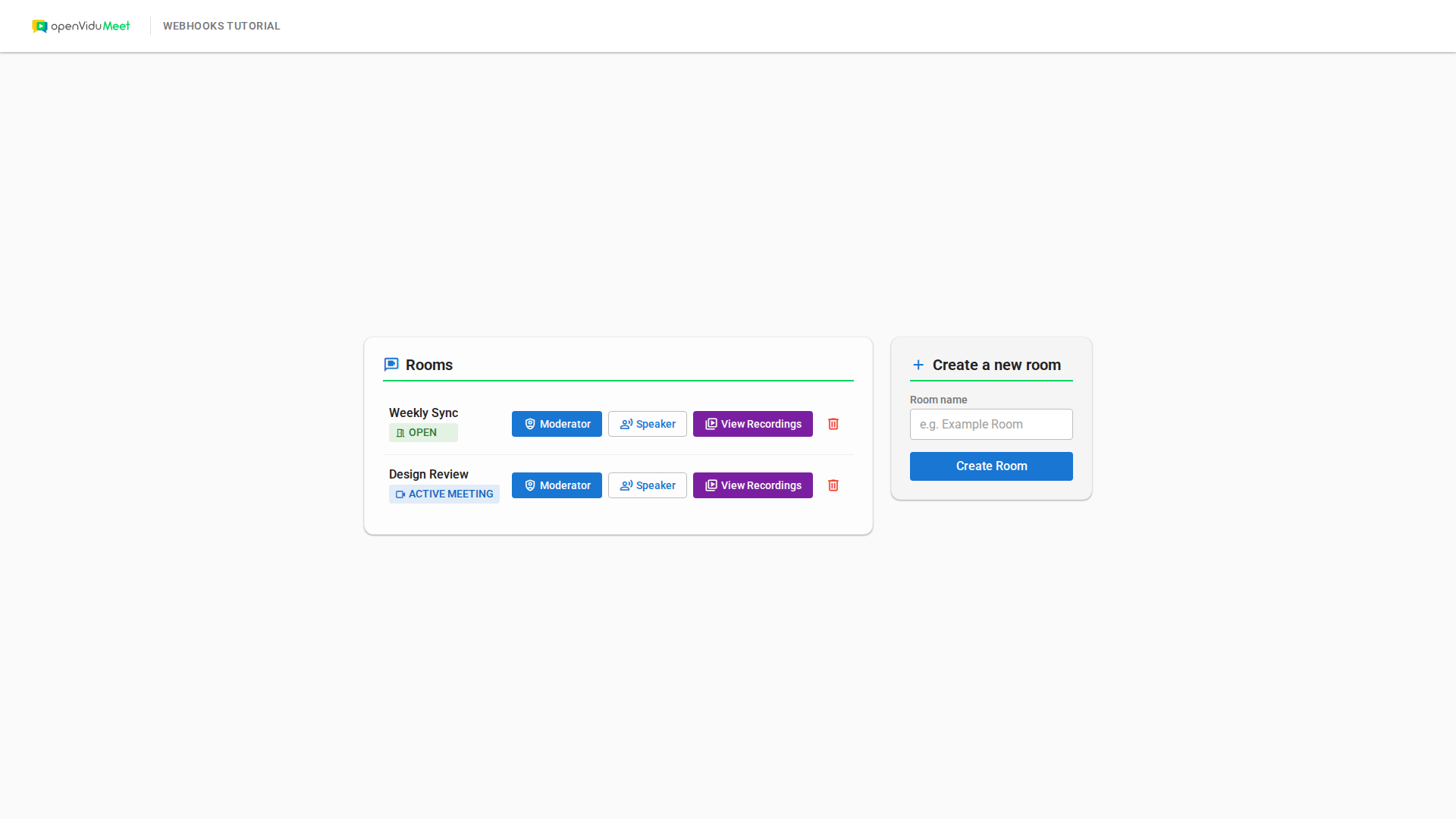 Home page of the tutorial app with the list of rooms