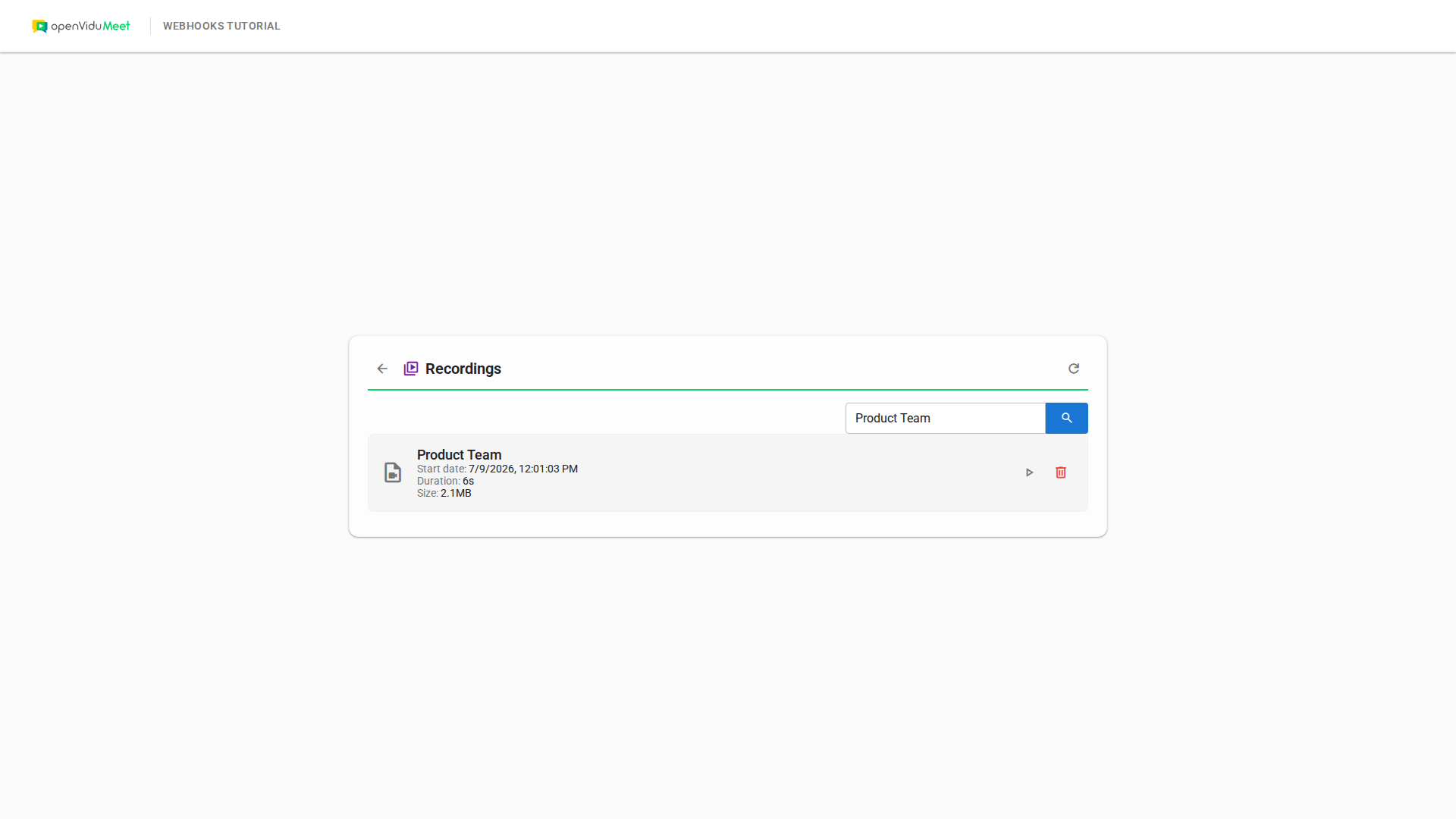 Recordings page of the tutorial app
