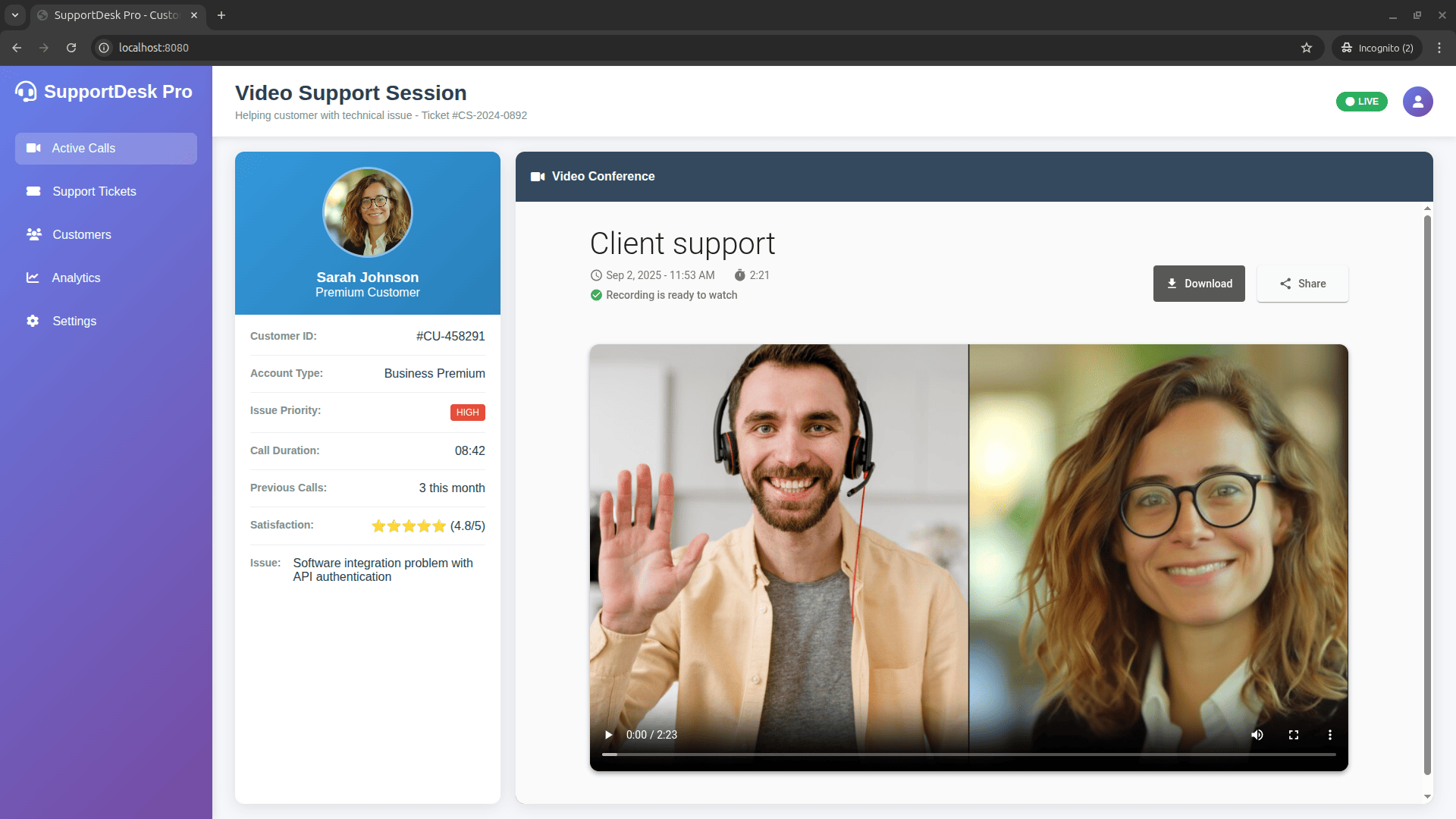Recording player embedded in the example support app