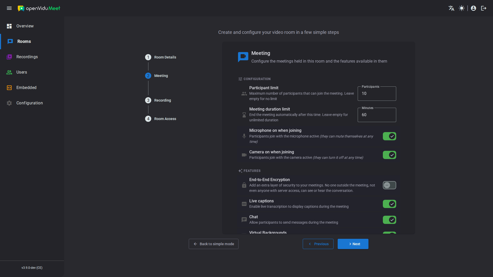 Meeting step of the room configuration wizard