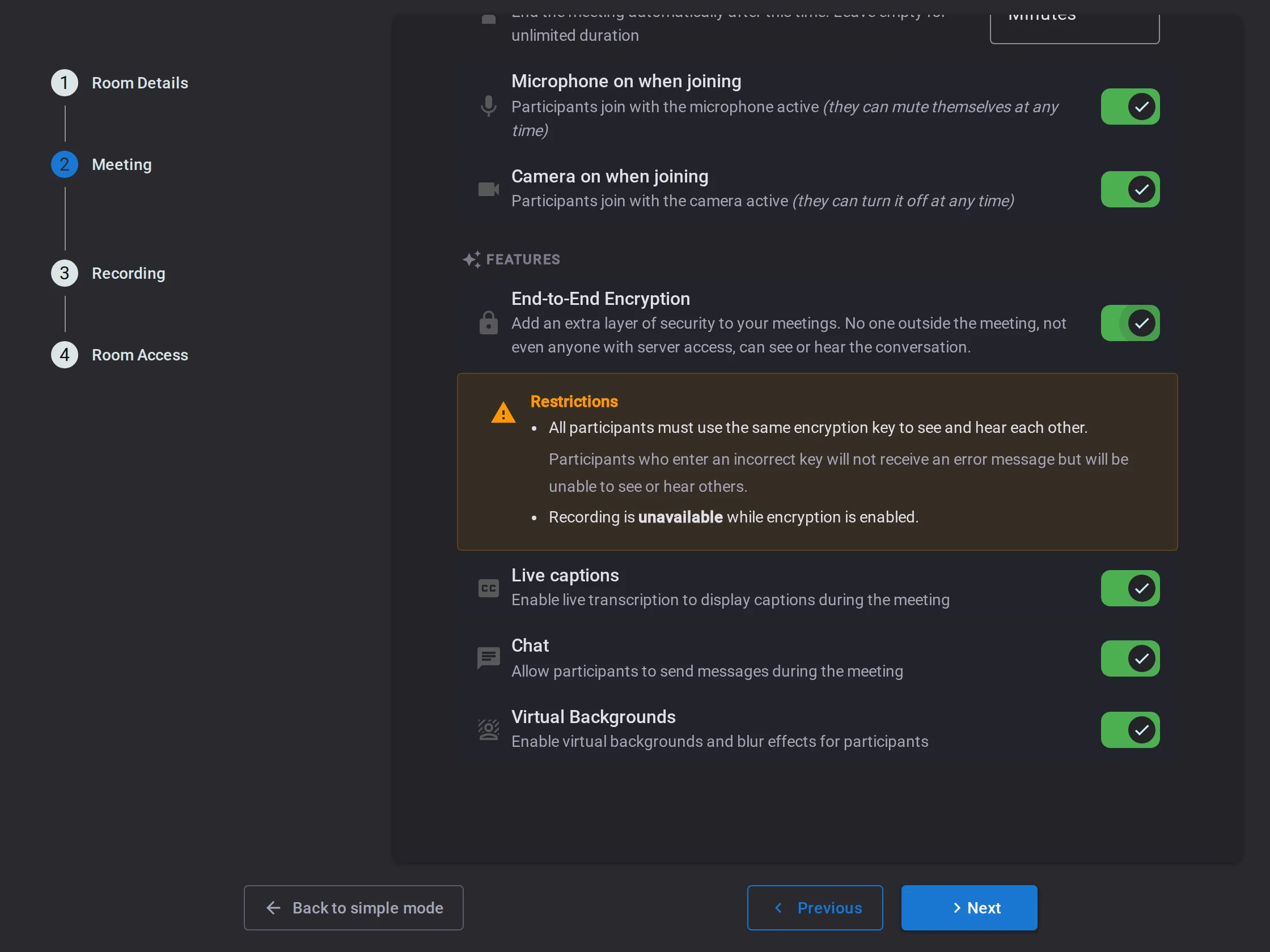 Room creation wizard with the end-to-end encryption option enabled