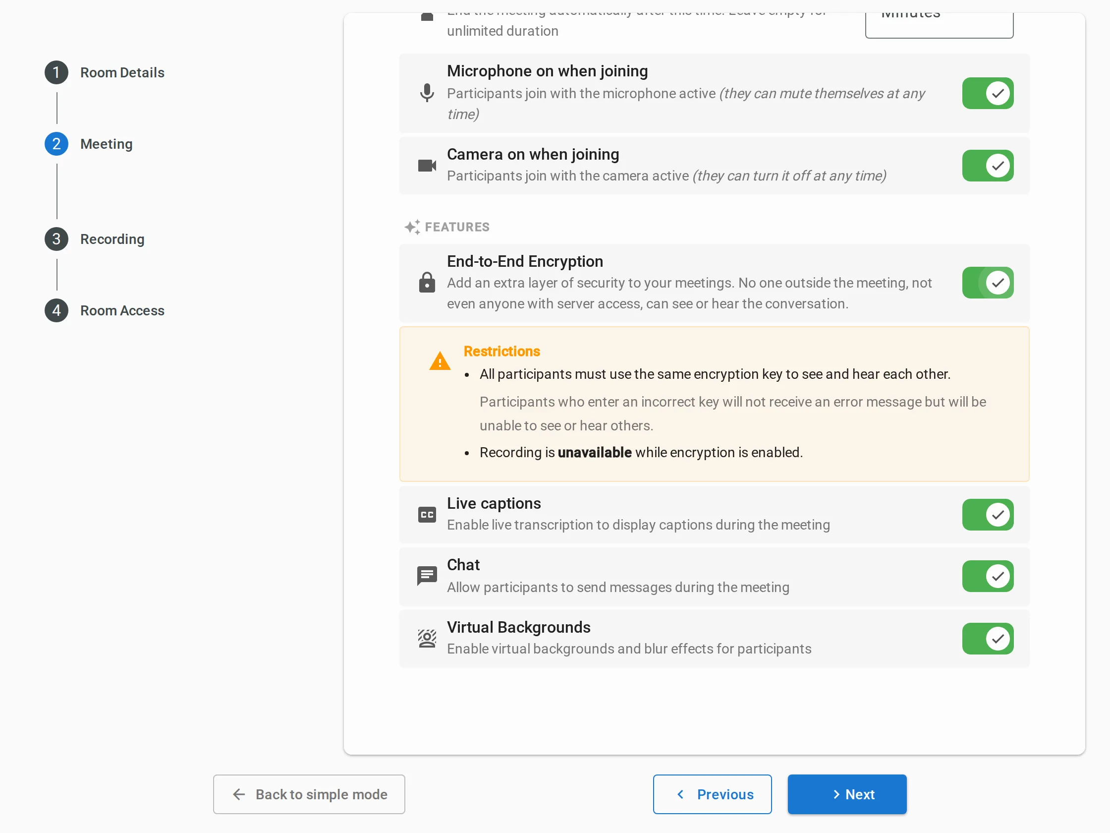 Room creation wizard with the end-to-end encryption option enabled