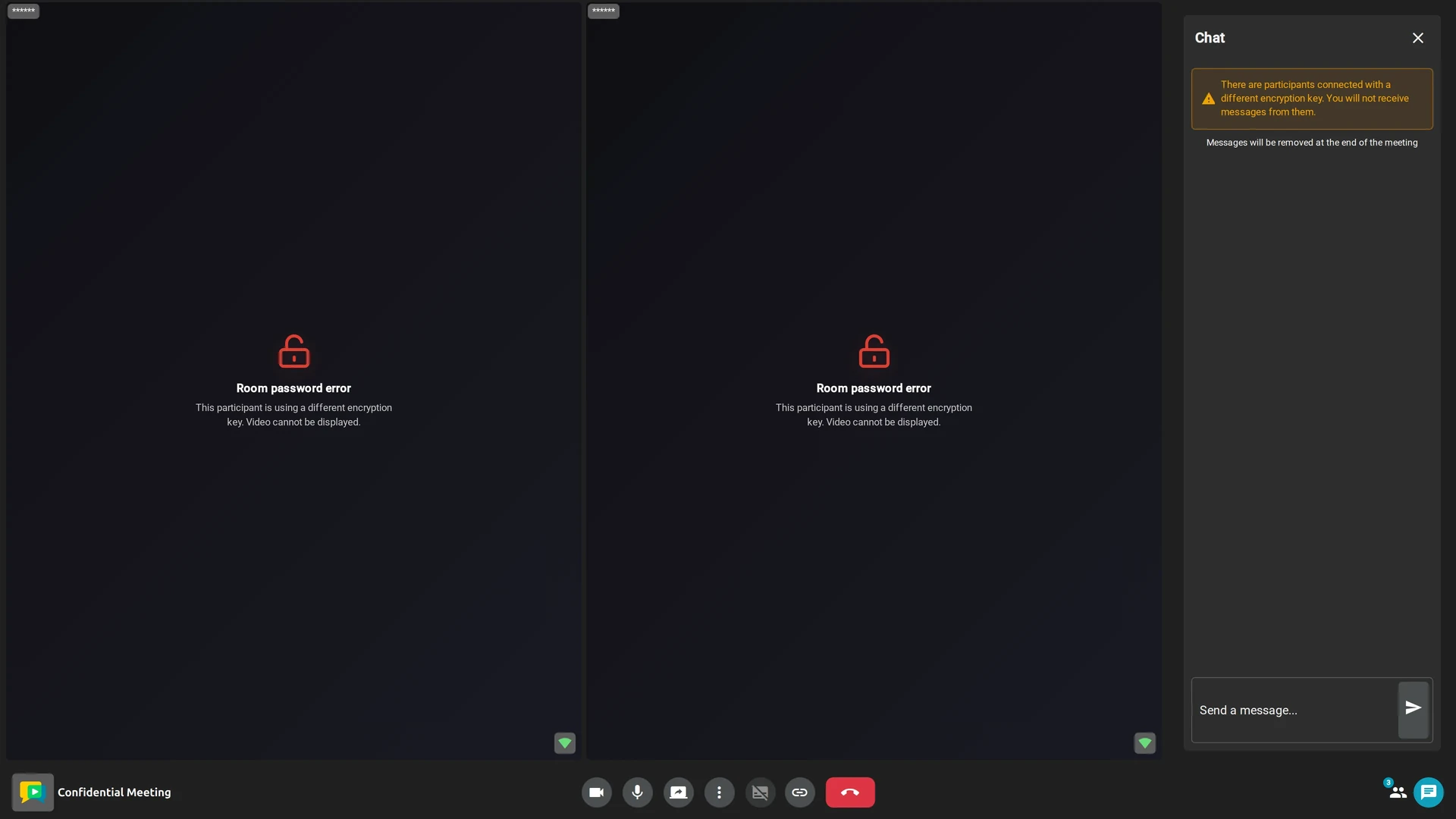 Meeting seen by a participant with a wrong passphrase: remote videos are unreadable