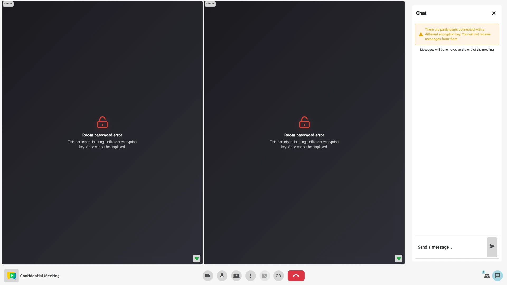 Meeting seen by a participant with a wrong passphrase: remote videos are unreadable