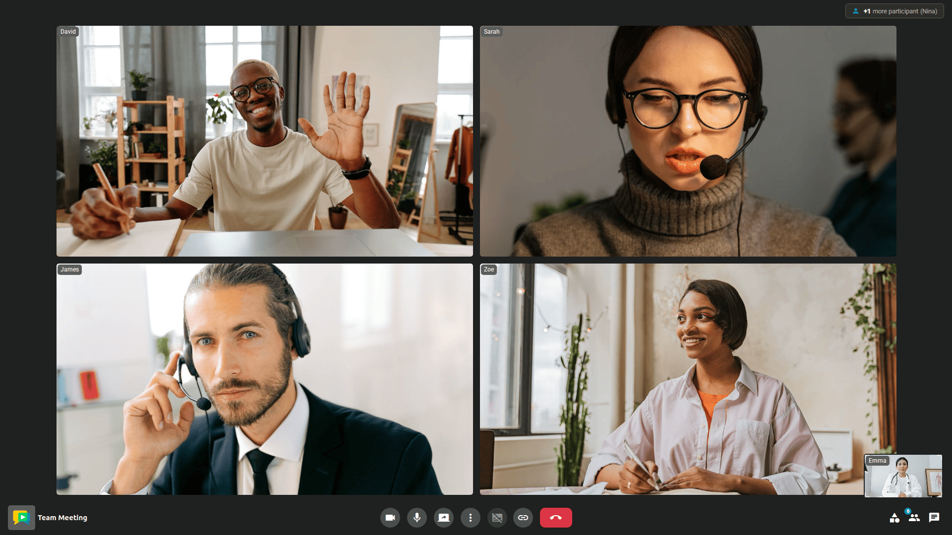 Meeting view with participant videos and the toolbar