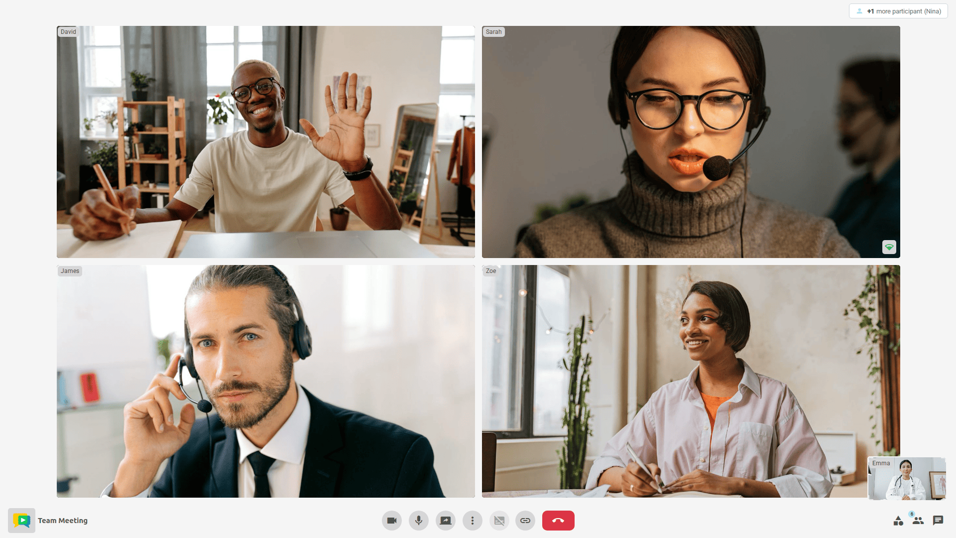 Meeting view with participant videos and the toolbar