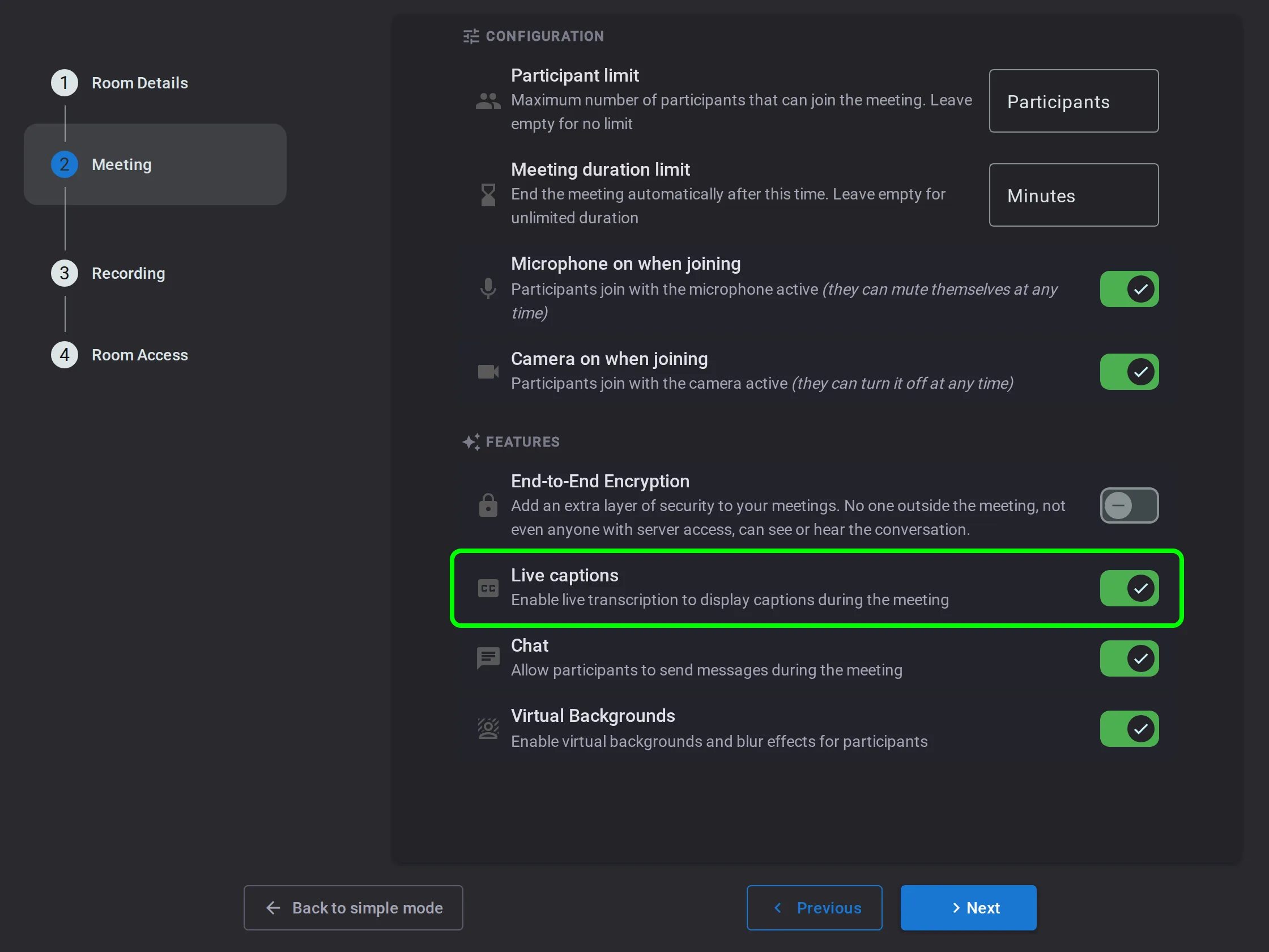 Room wizard step enabling live captions for the room
