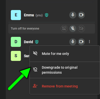 Participant menu with the option to demote a moderator
