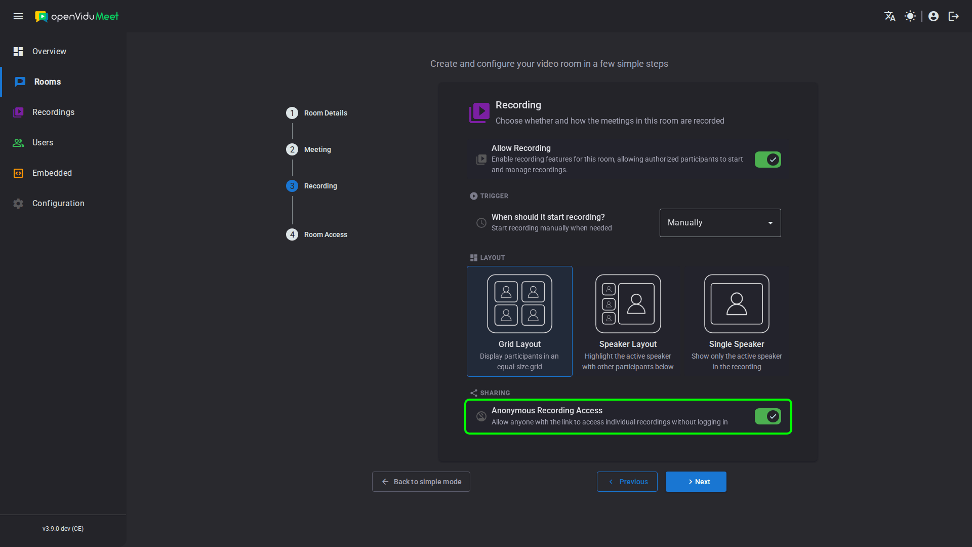 Anonymous recording sharing setting in the room configuration wizard