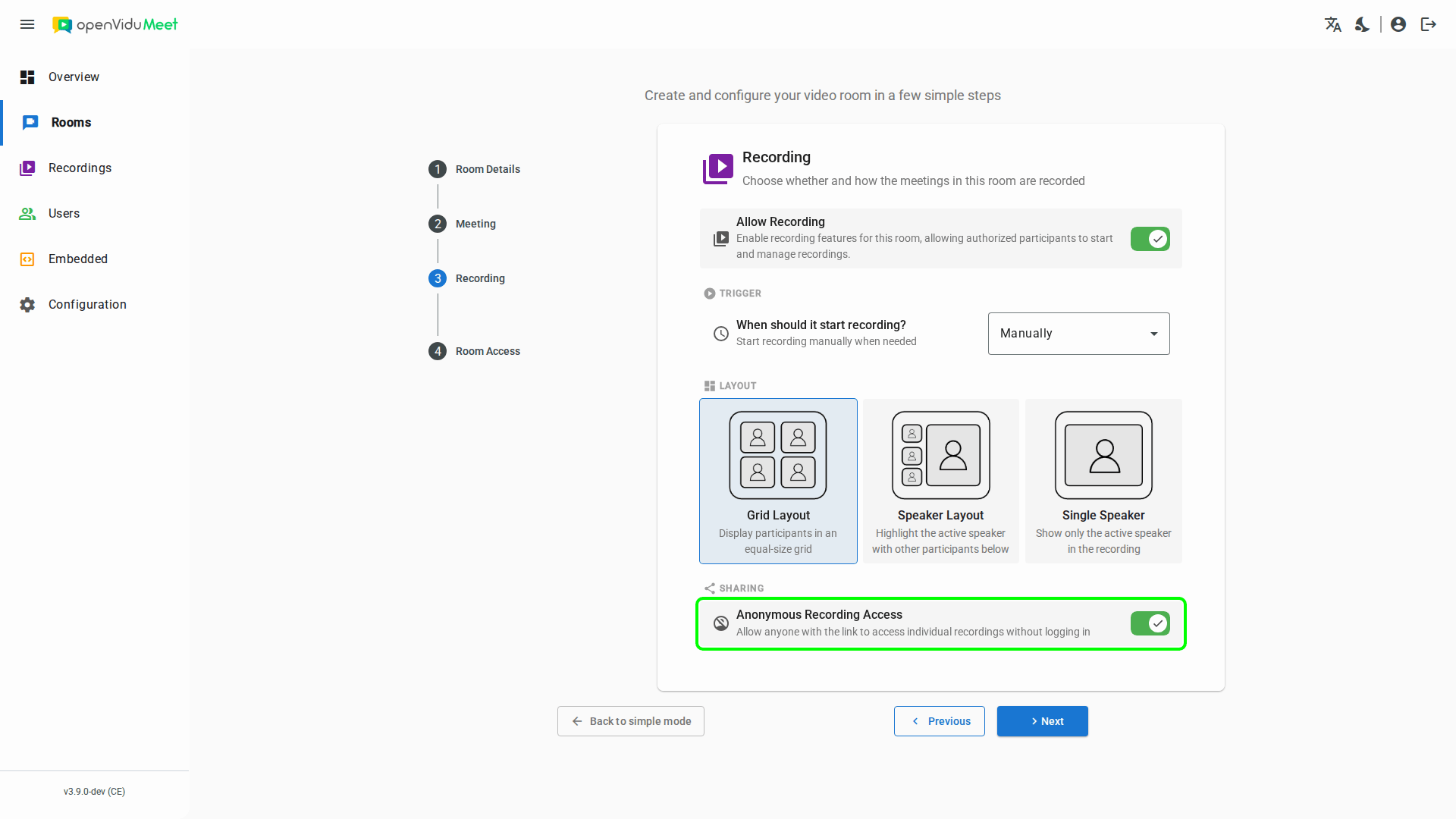 Anonymous recording sharing setting in the room configuration wizard