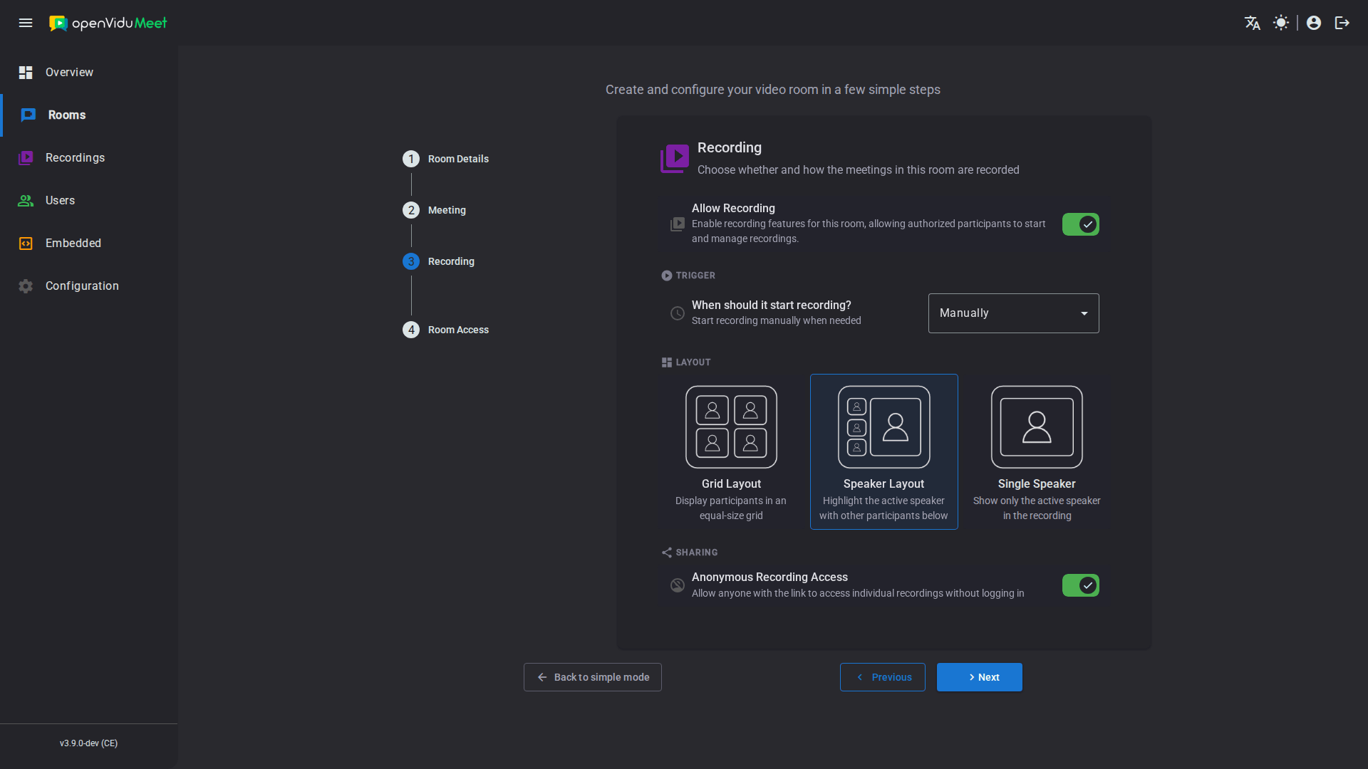 Recording layout options in the room configuration wizard