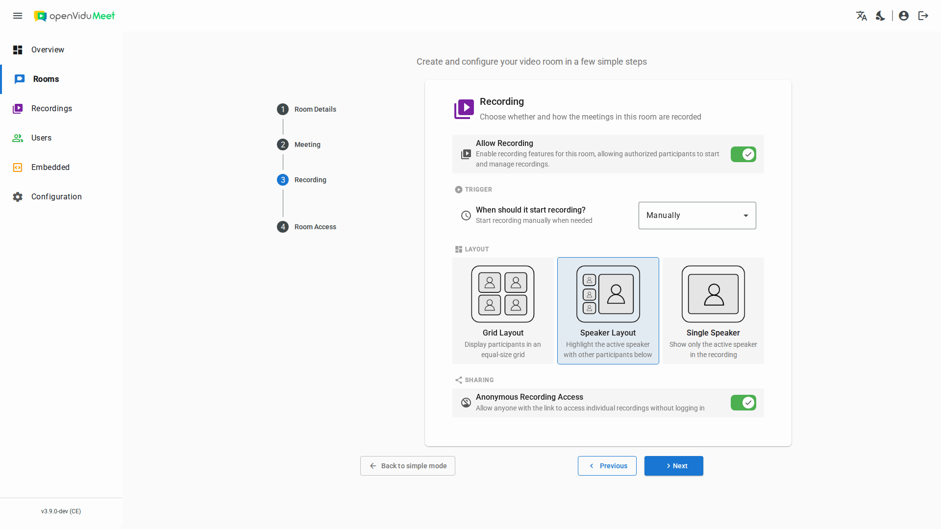 Recording layout options in the room configuration wizard