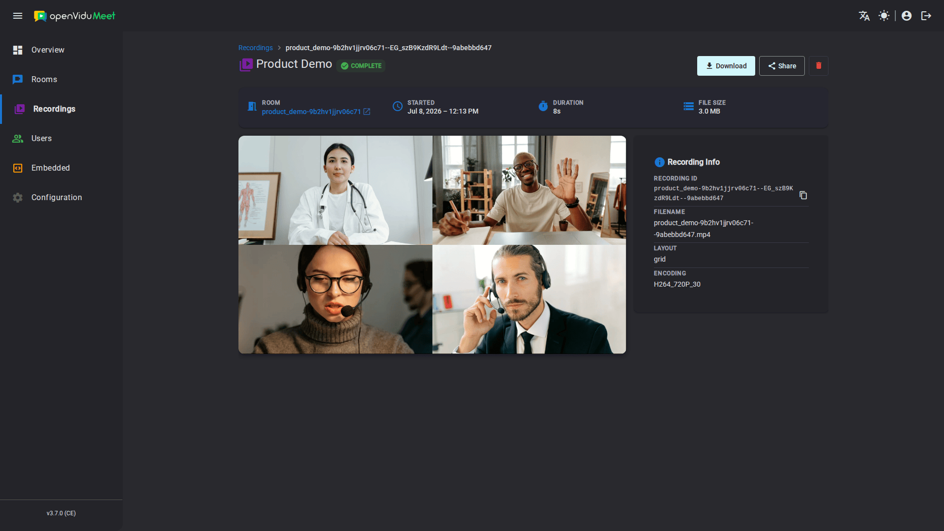 Recording detail page with metadata and actions