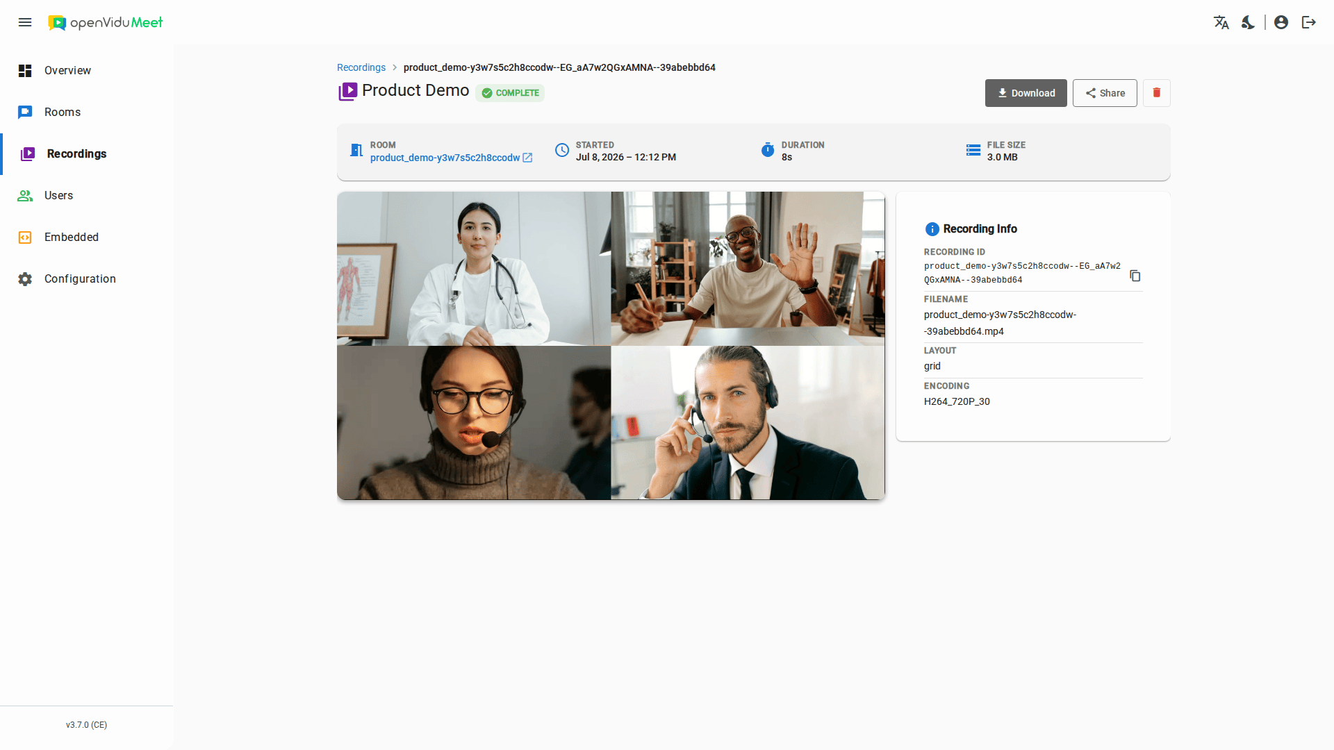 Recording detail page with metadata and actions