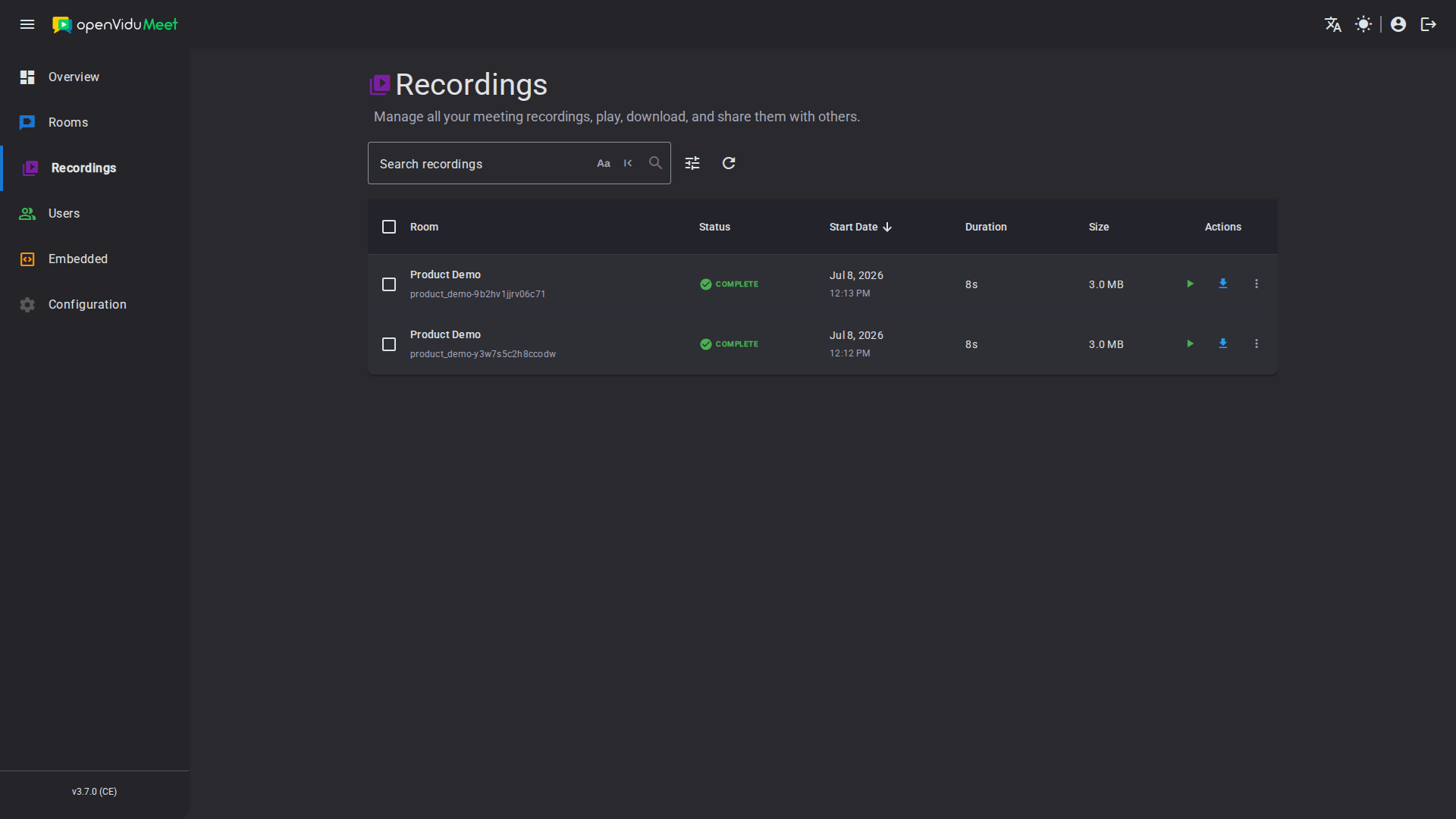 Recordings page listing every accessible recording