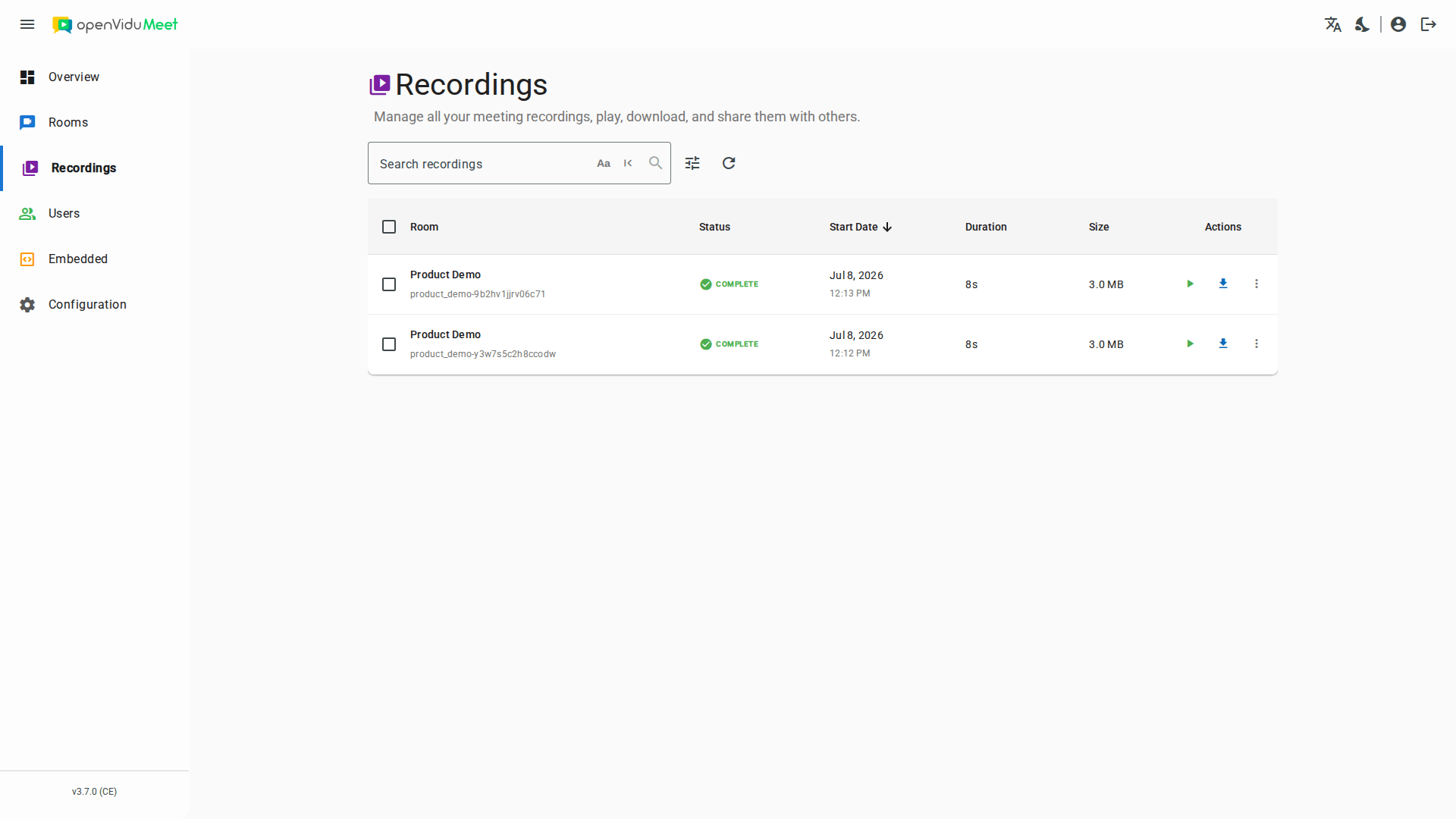 Recordings page listing every accessible recording
