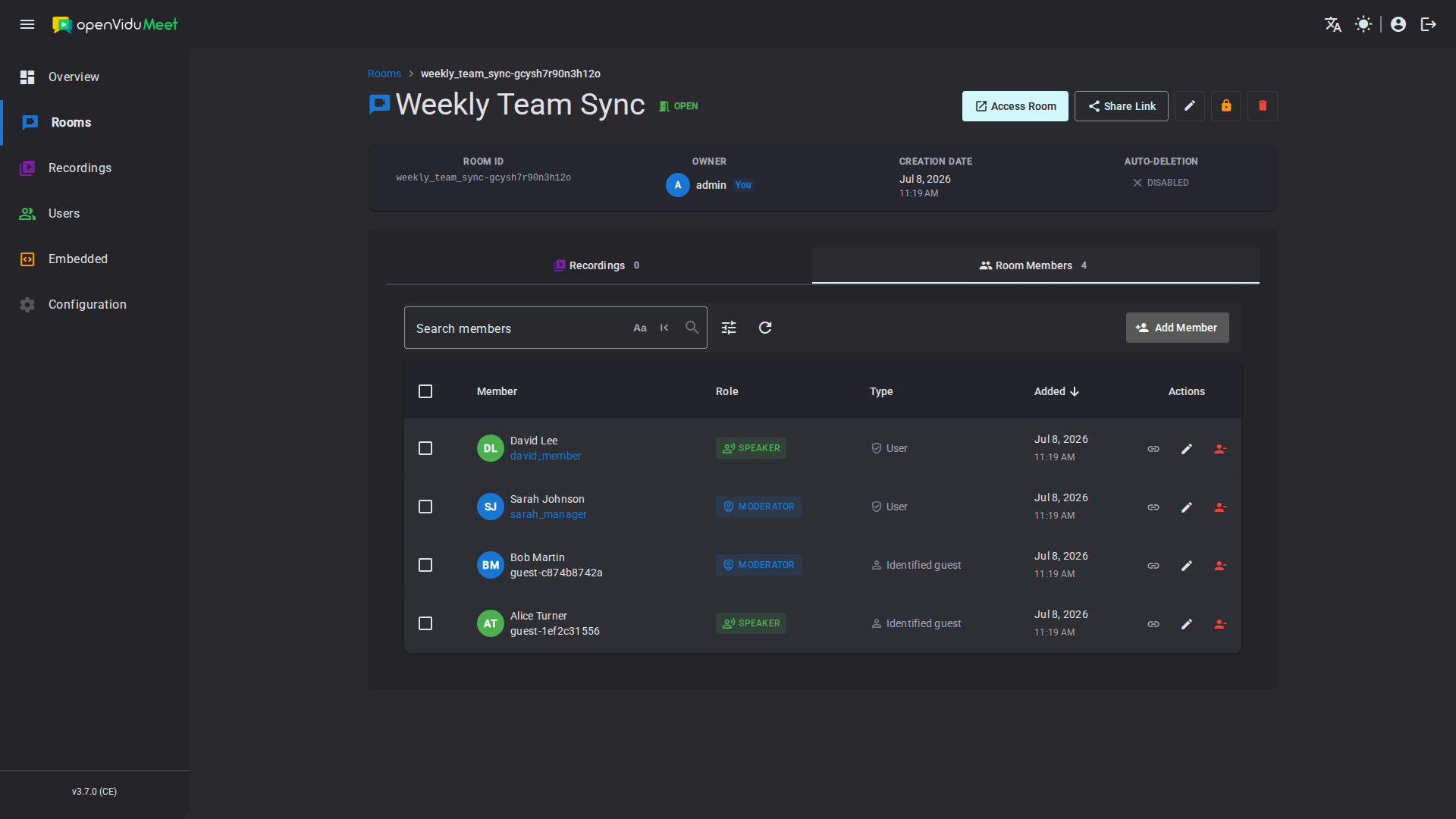 Room Members tab listing users and identified guests