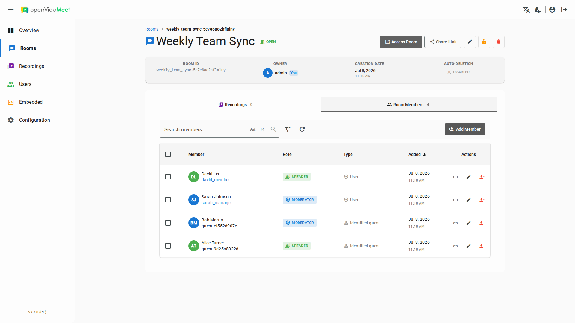 Room Members tab listing users and identified guests