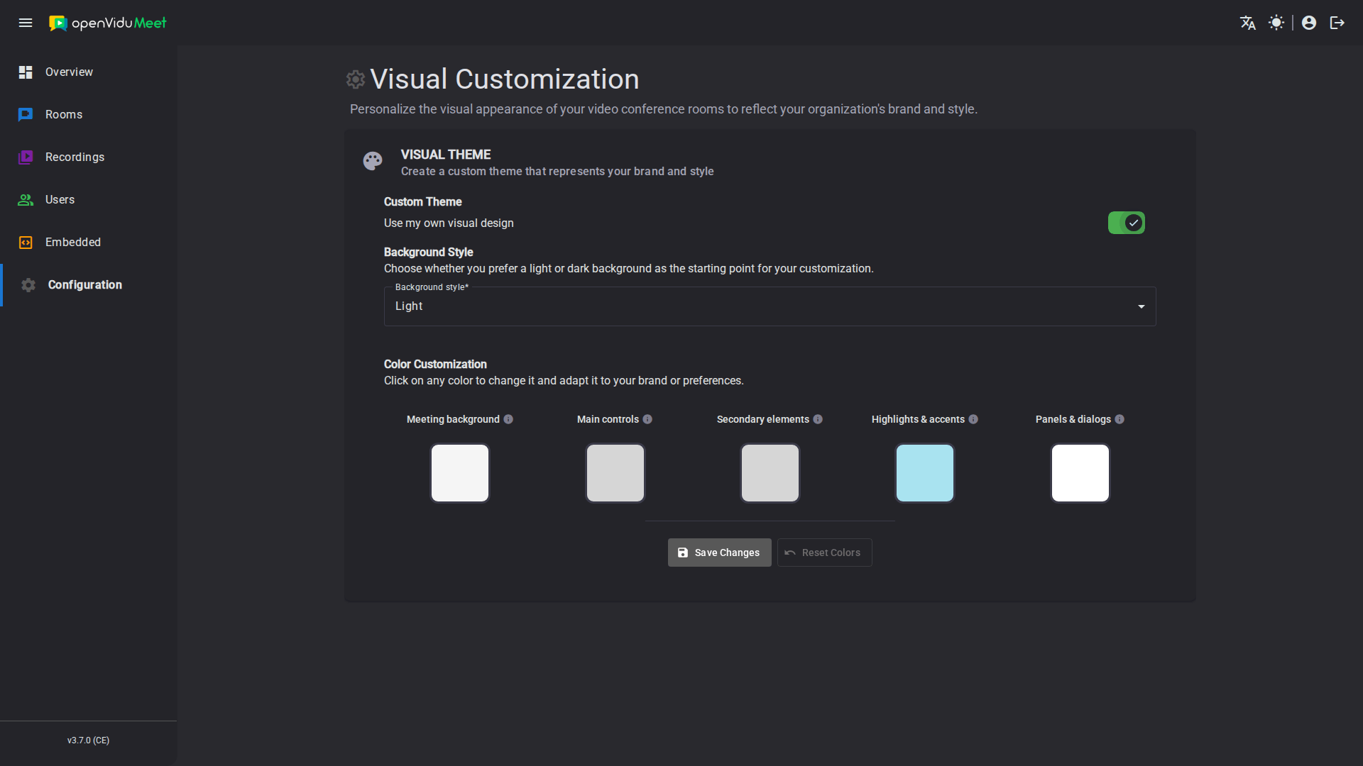 Room appearance settings in the Configuration page