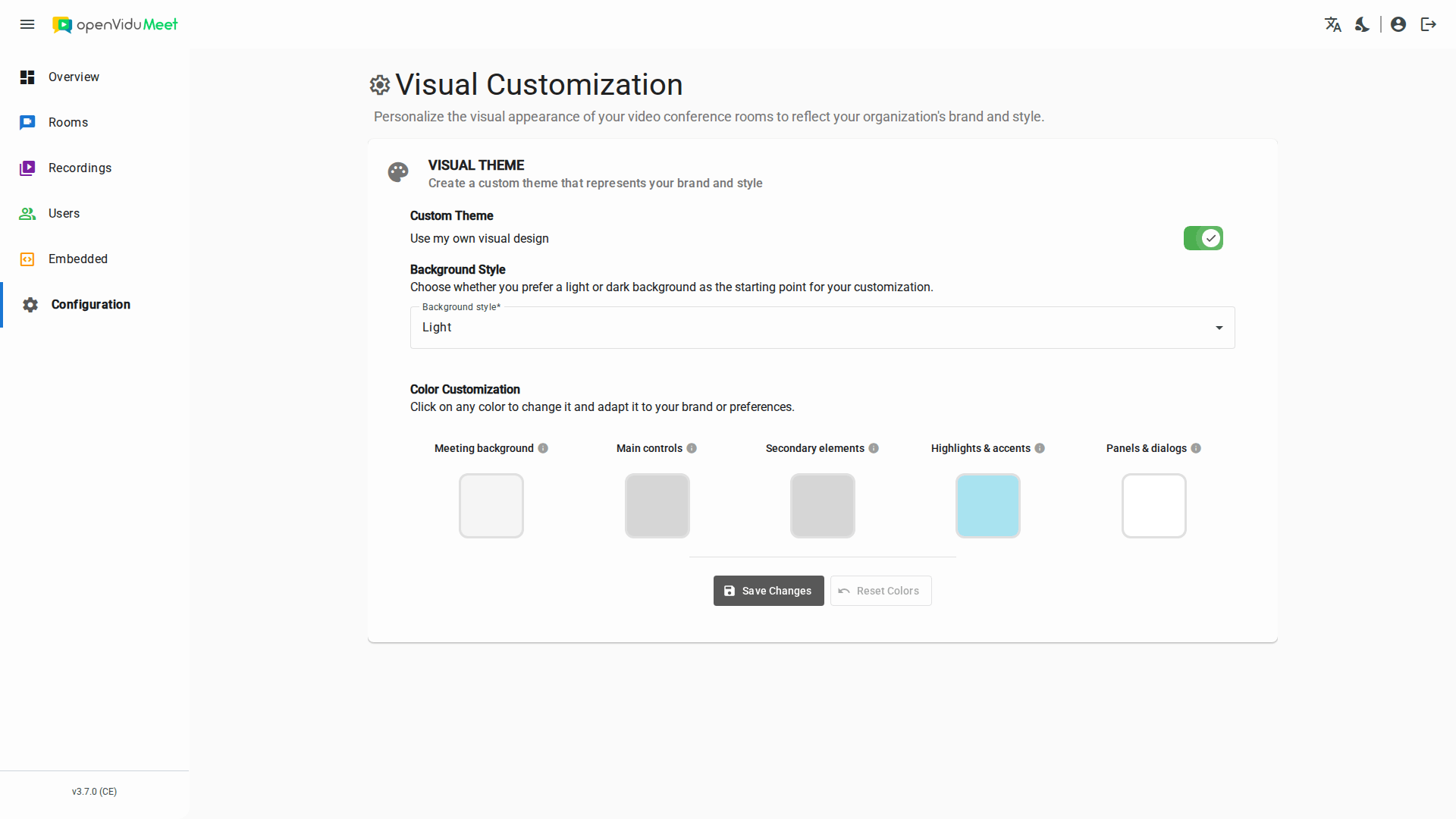 Room appearance settings in the Configuration page