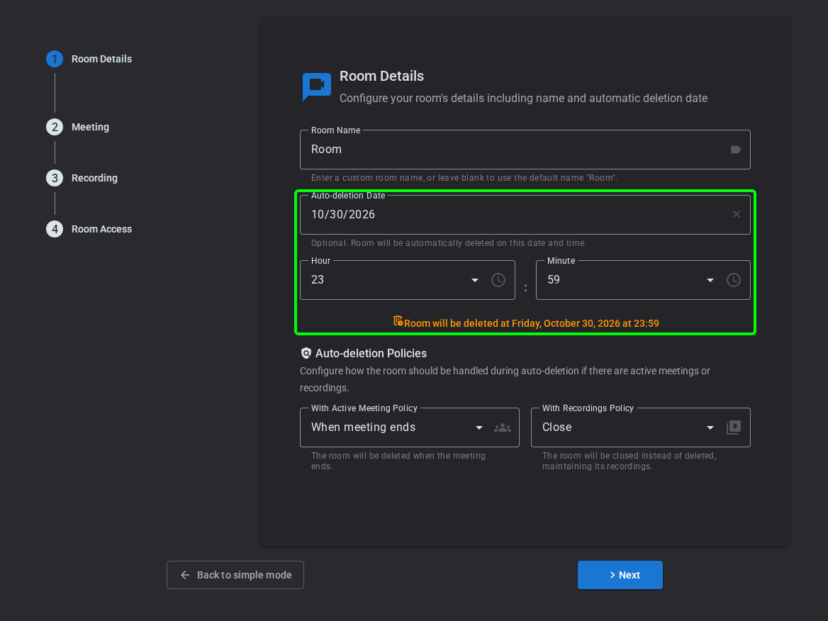Auto-deletion date setting when creating a room