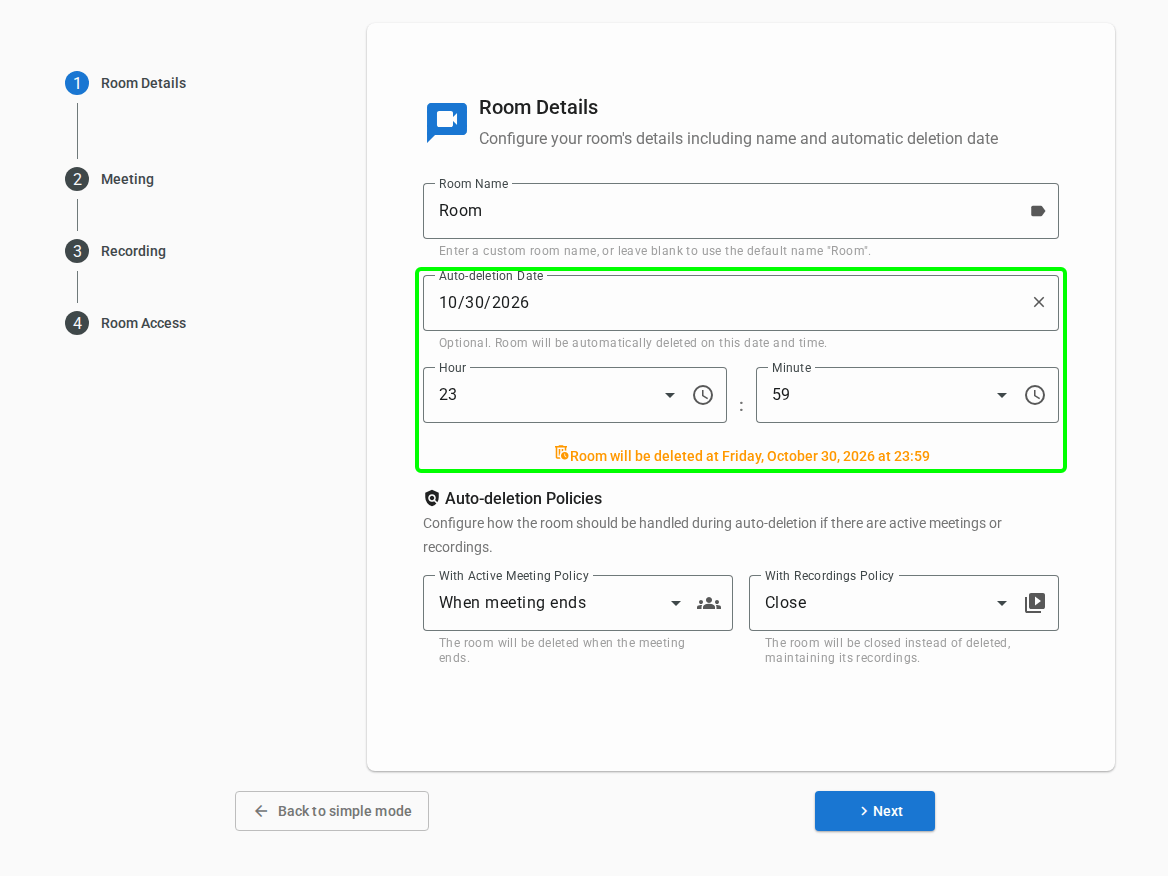 Auto-deletion date setting when creating a room