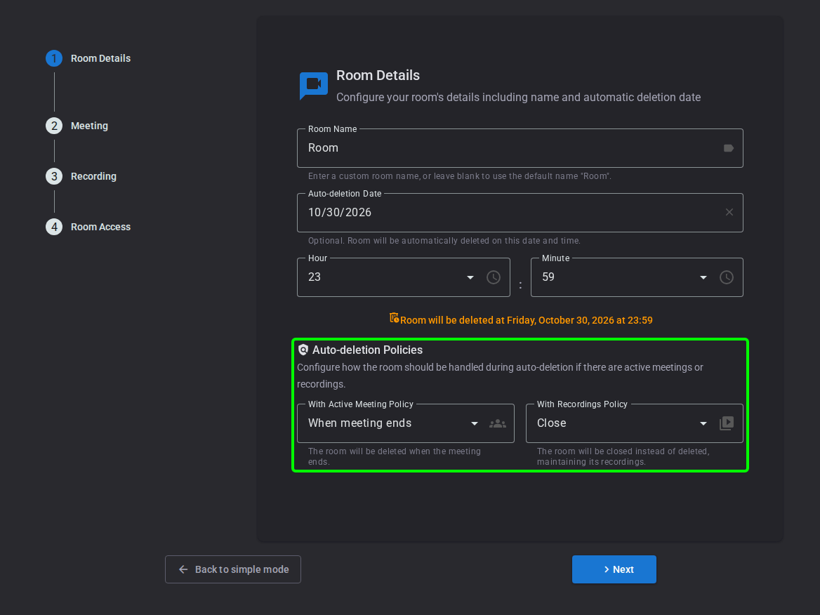Auto-deletion policy options for the room and its recordings
