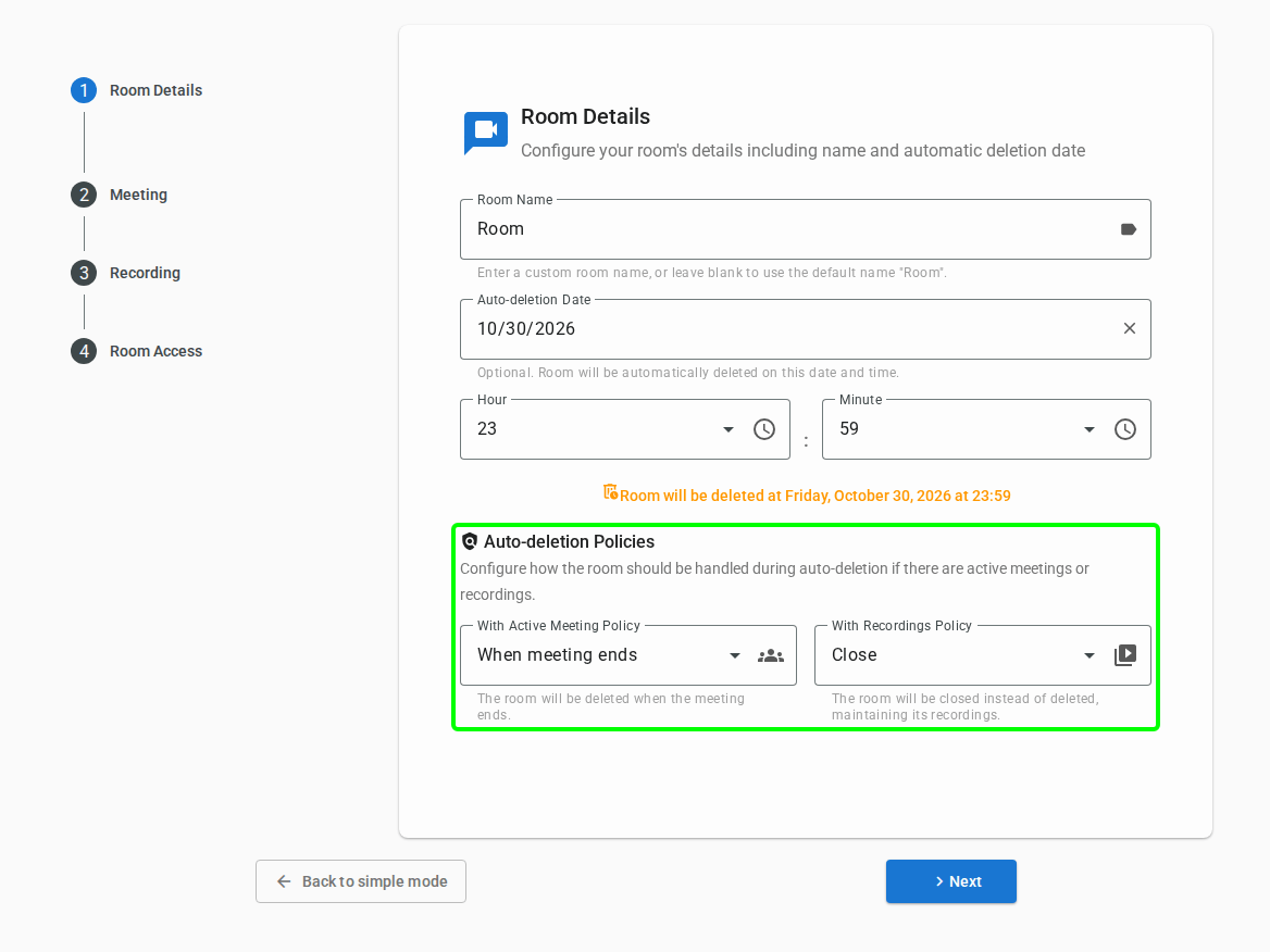 Auto-deletion policy options for the room and its recordings