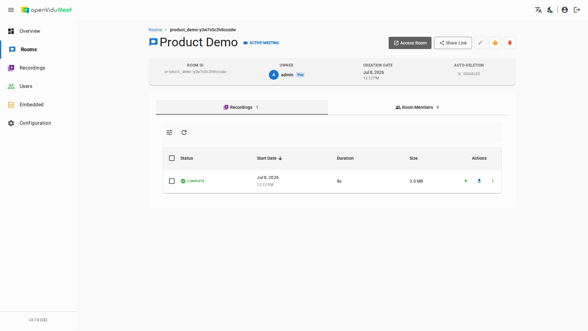 Recordings tab of a room's detail page