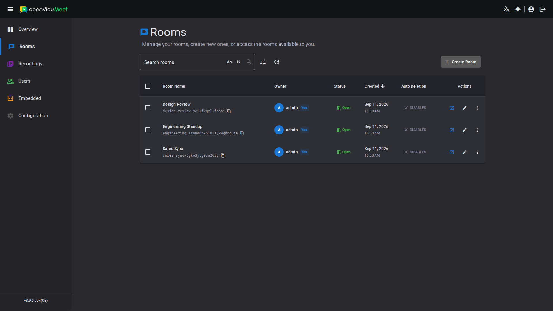 Rooms page listing rooms with their actions