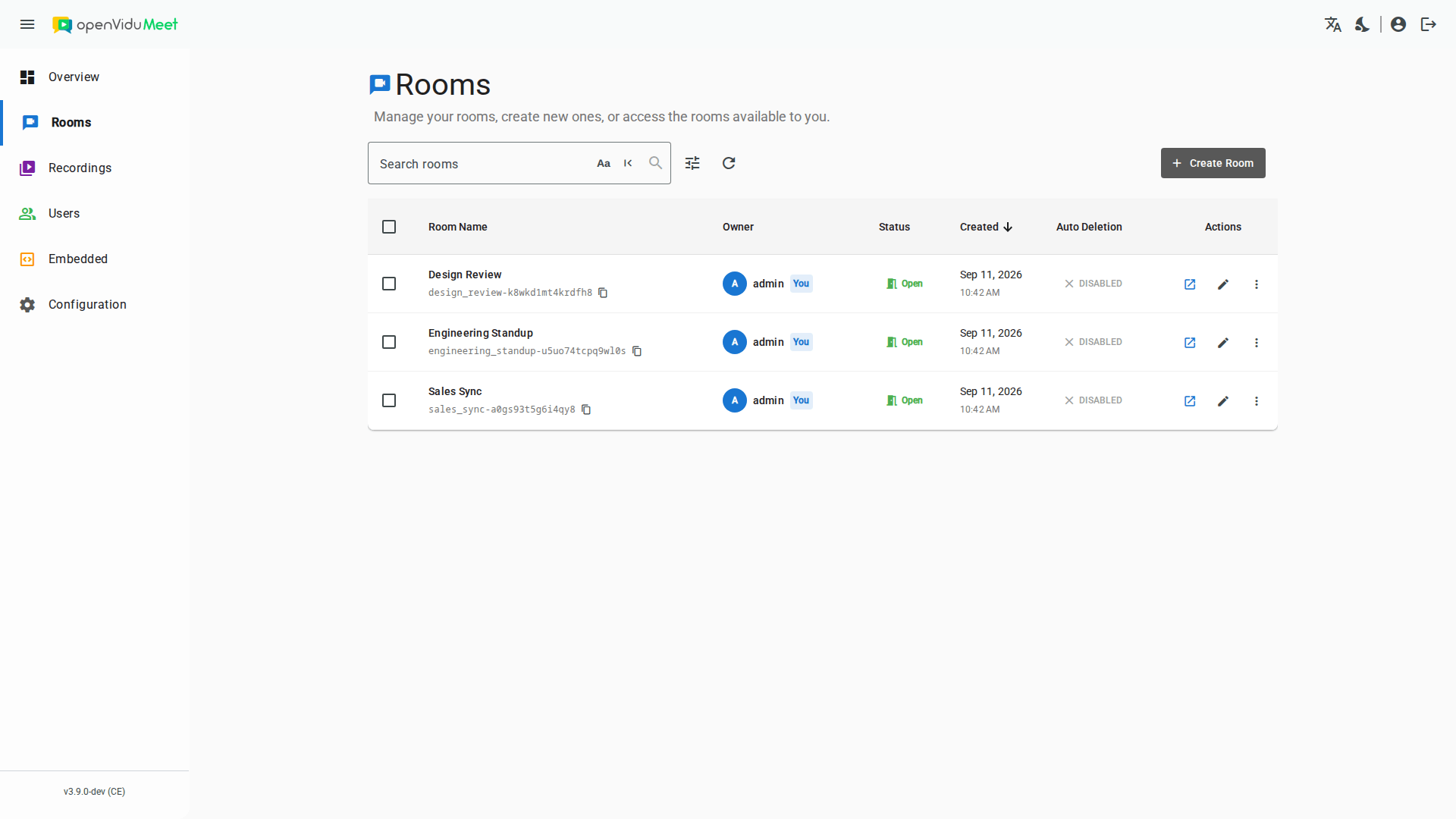 Rooms page listing rooms with their actions