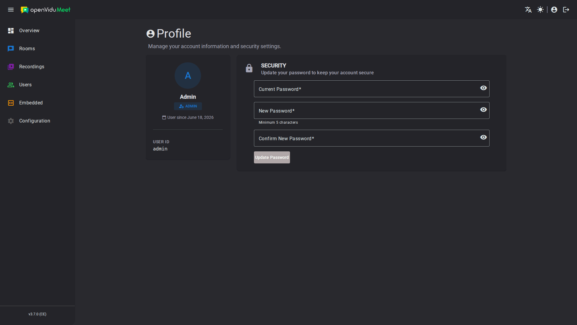Change password form in the user profile page