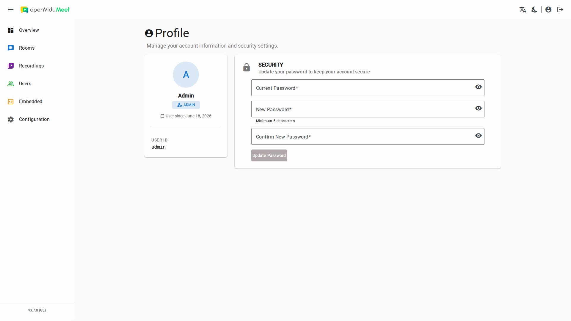 Change password form in the user profile page