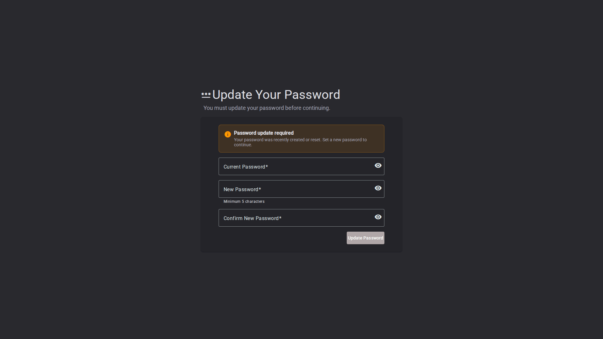 First-login prompt requiring the temporary password to be changed