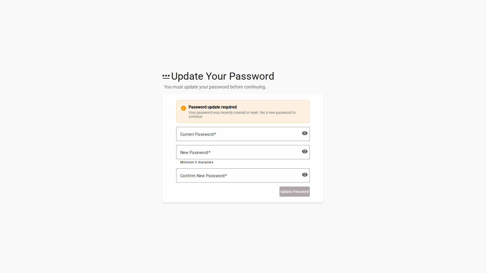 First-login prompt requiring the temporary password to be changed