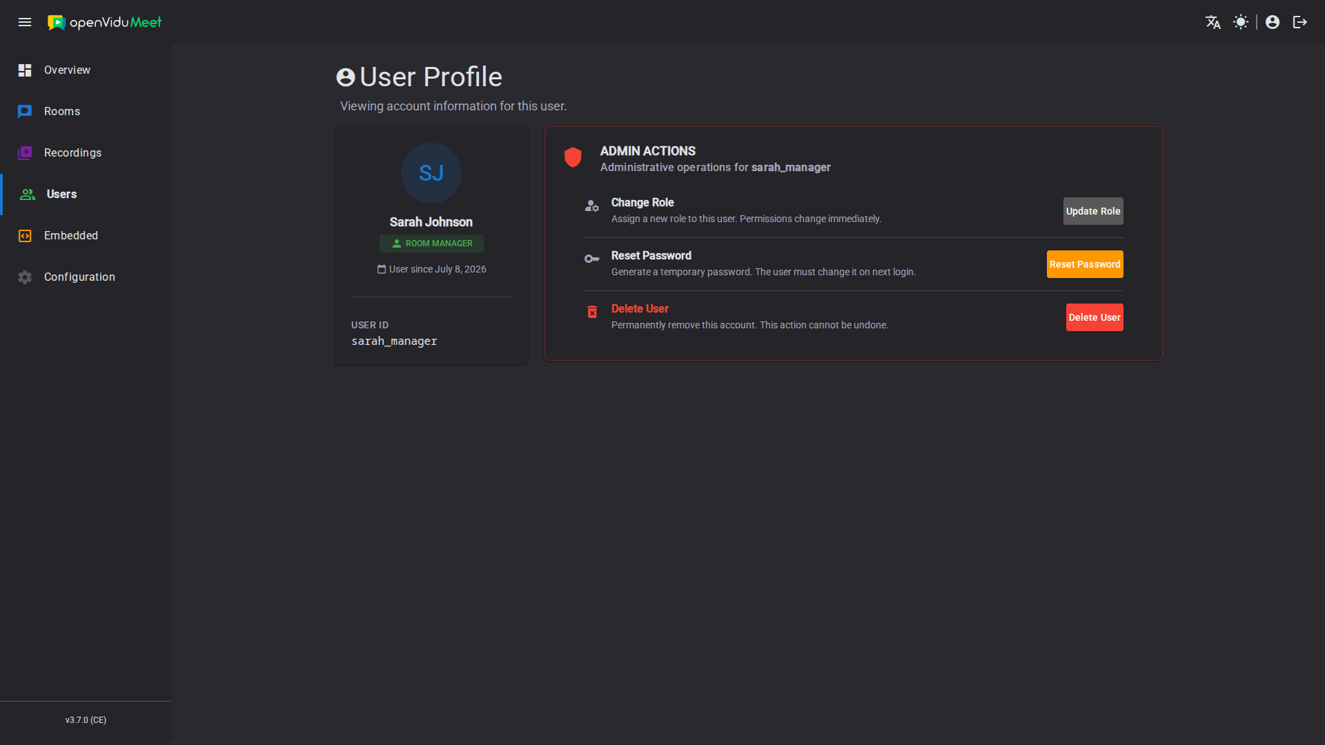 User profile page with the available account actions