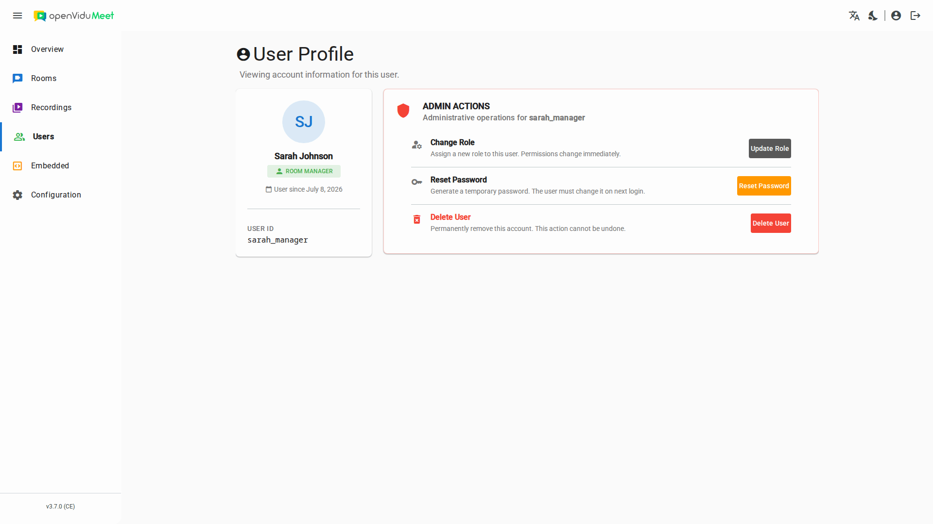 User profile page with the available account actions