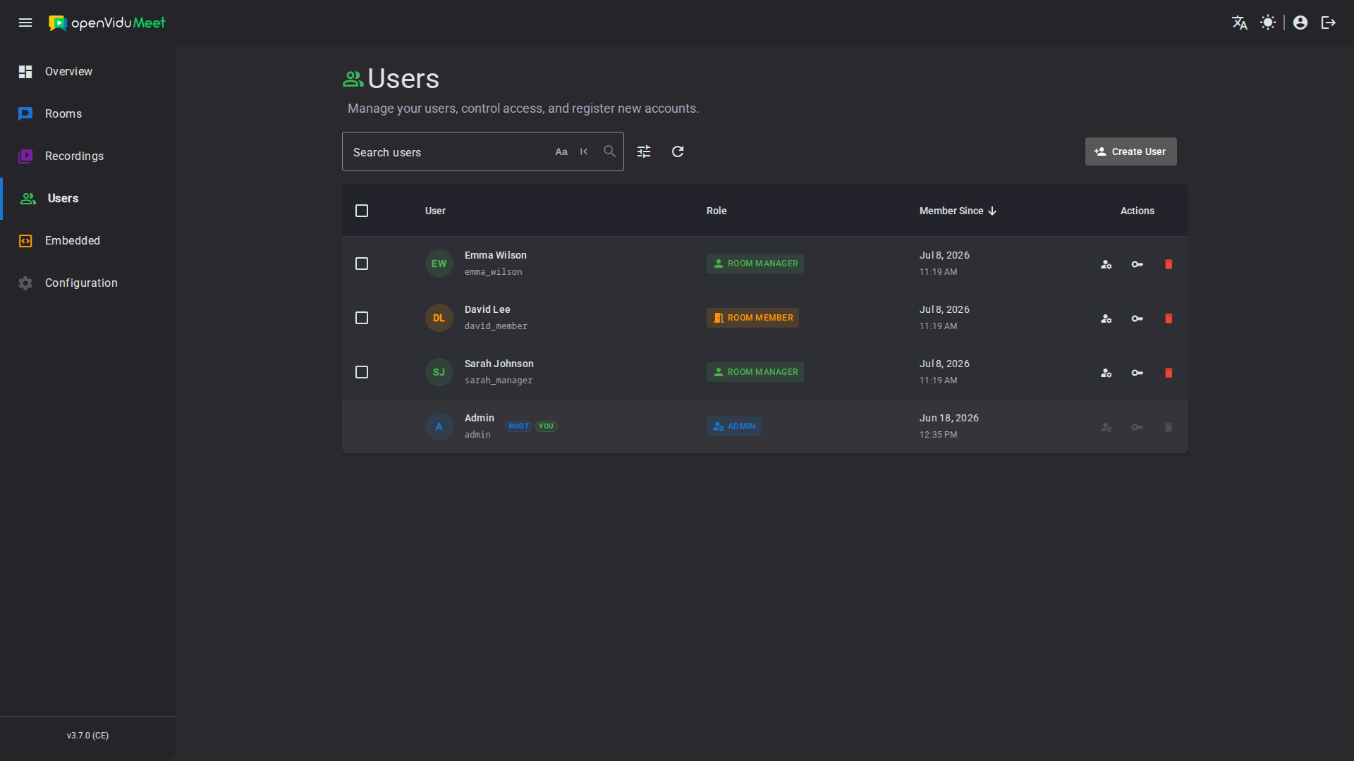 Users page listing users with role and registration date
