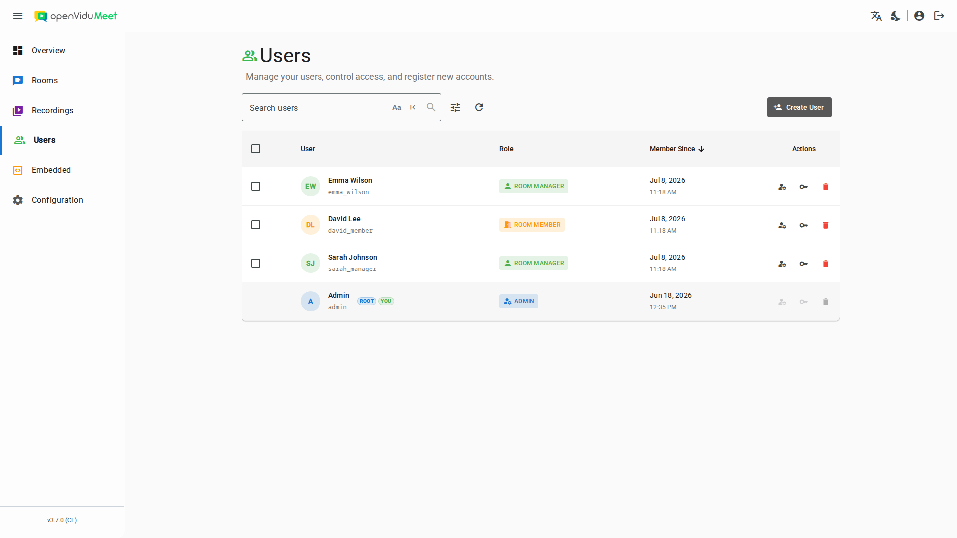 Users page listing users with role and registration date