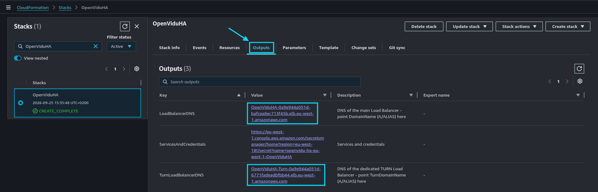 CloudFormation Outputs with a dedicated TURN Load Balancer