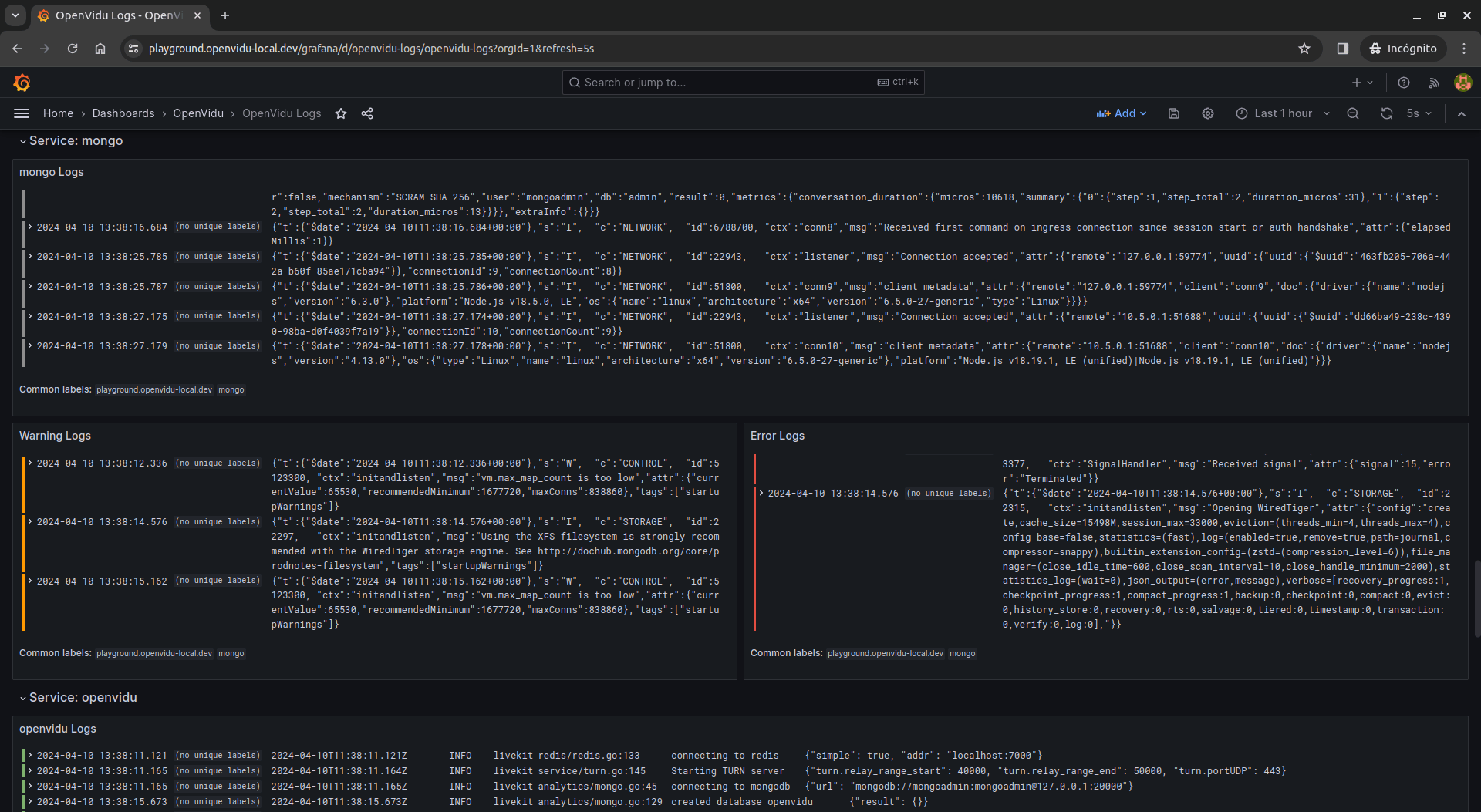 Single Node service logs