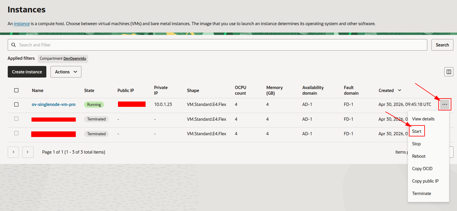 Start OCI instance