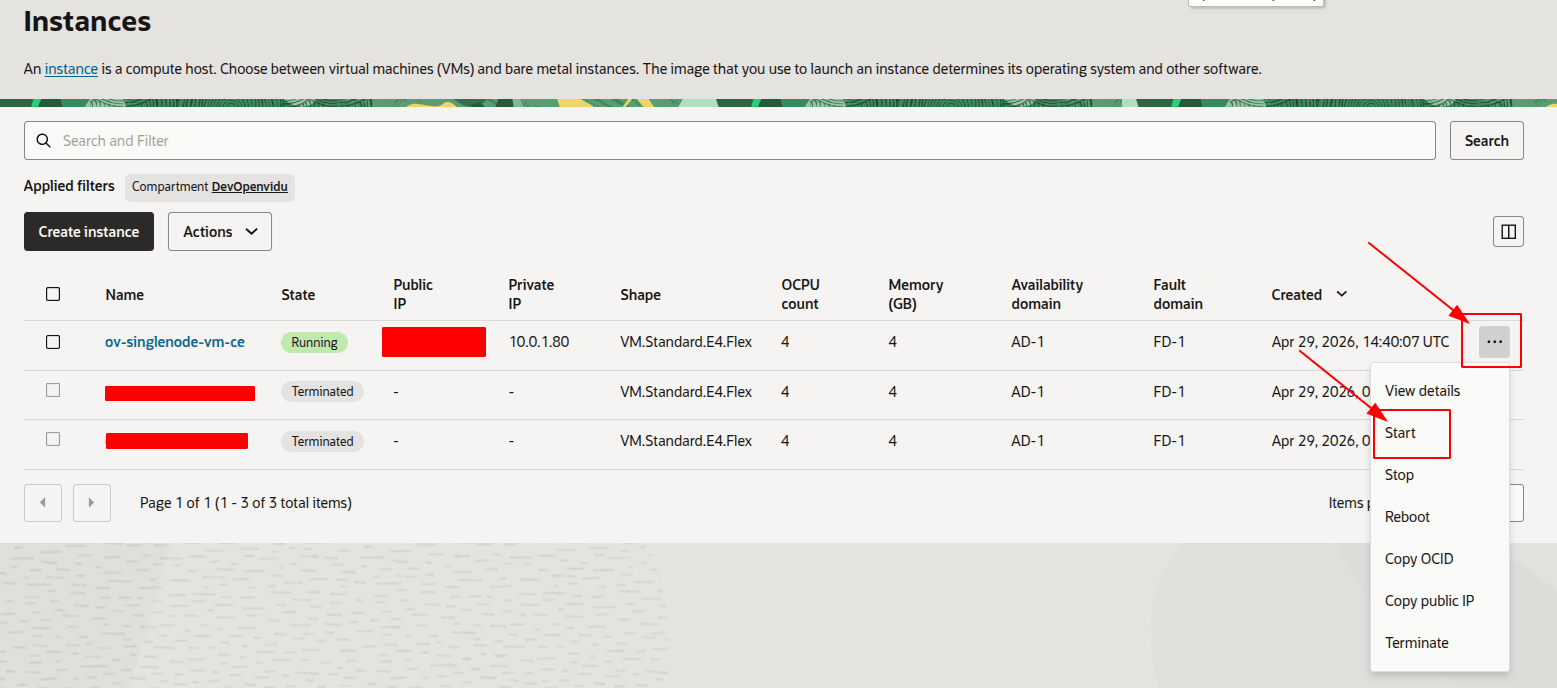 Start OCI instance