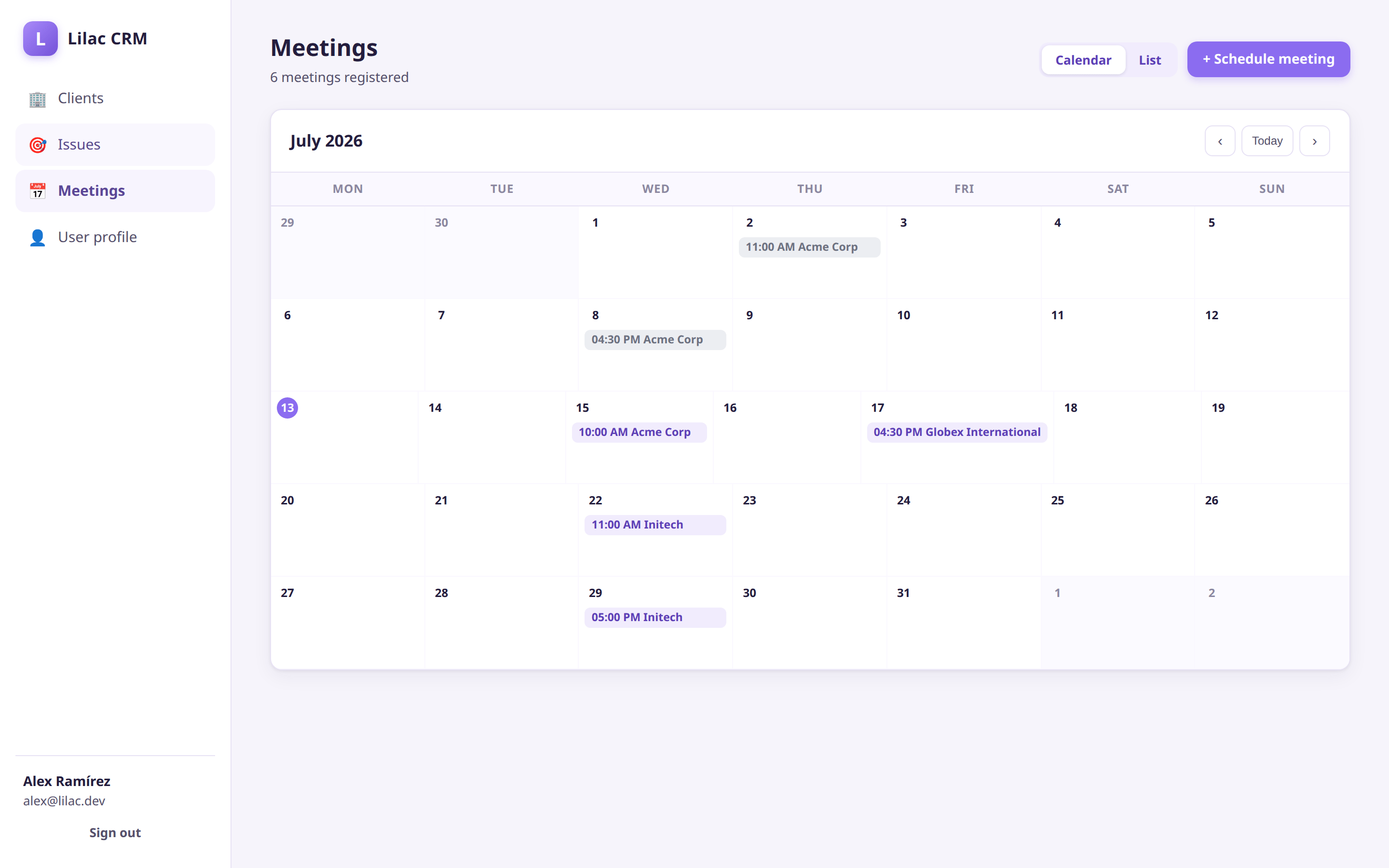 Meetings shown as a monthly calendar The meetings calendar of the generated CRM